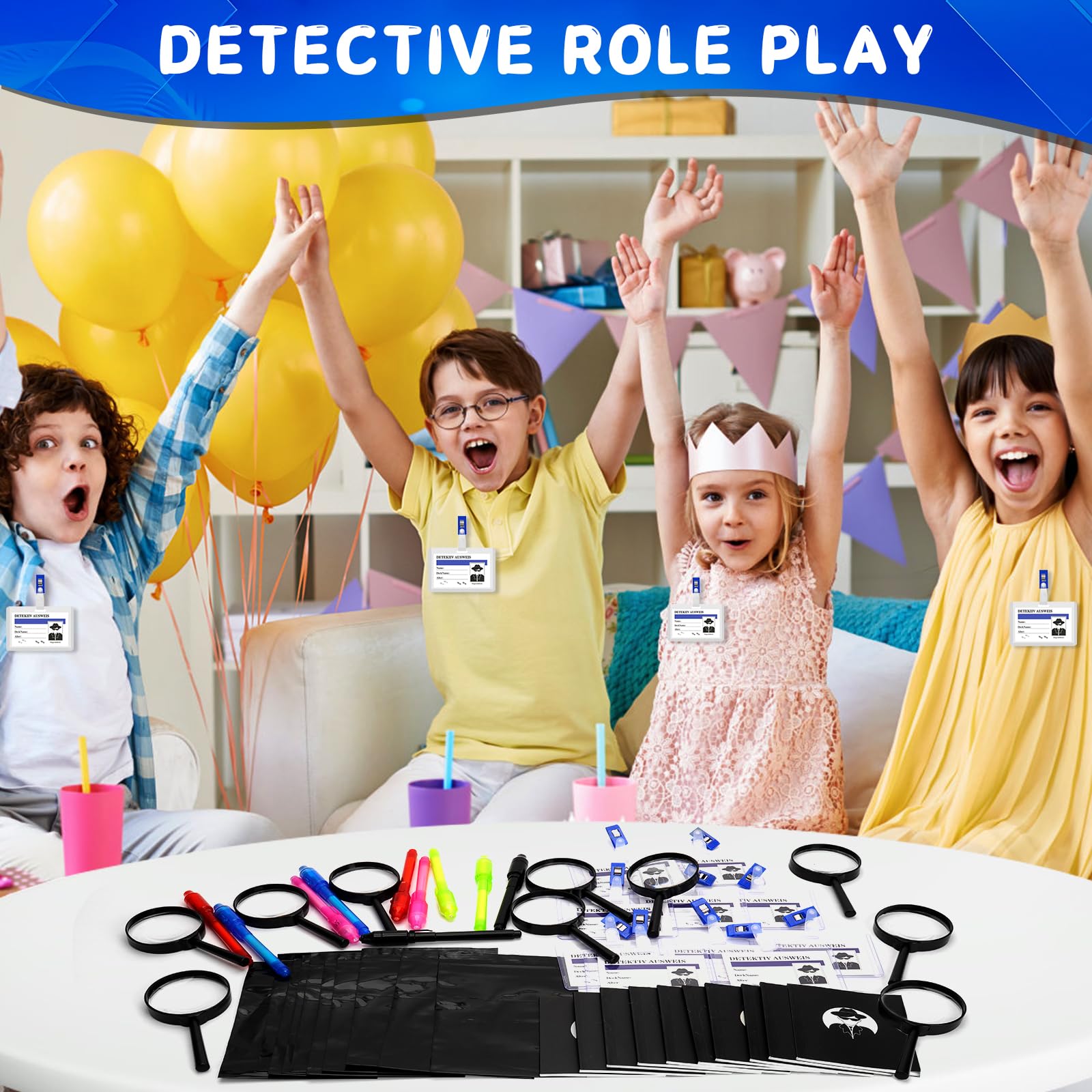 Gioco investigativo per bambini, 50 pezzi, kit spia con notebook, lente d'ingrandimento e carte d'identità detective
