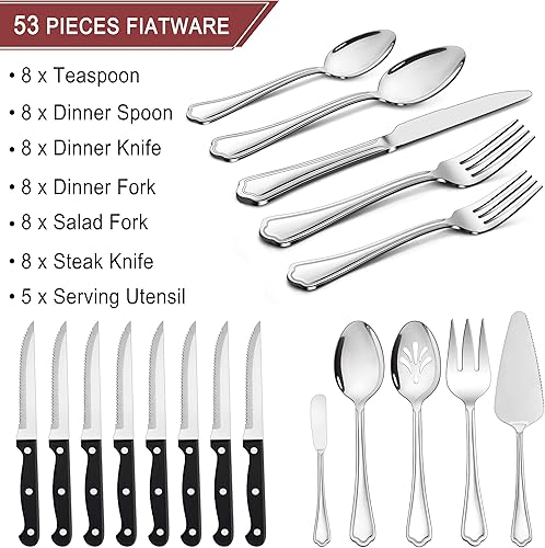 Miniatura 2 de LIANYU Juego de cubiertos de 53 piezas para 8 cuchillos de carne y utensilios de servir juego de cubiertos de acero inoxidable utensilios de comer