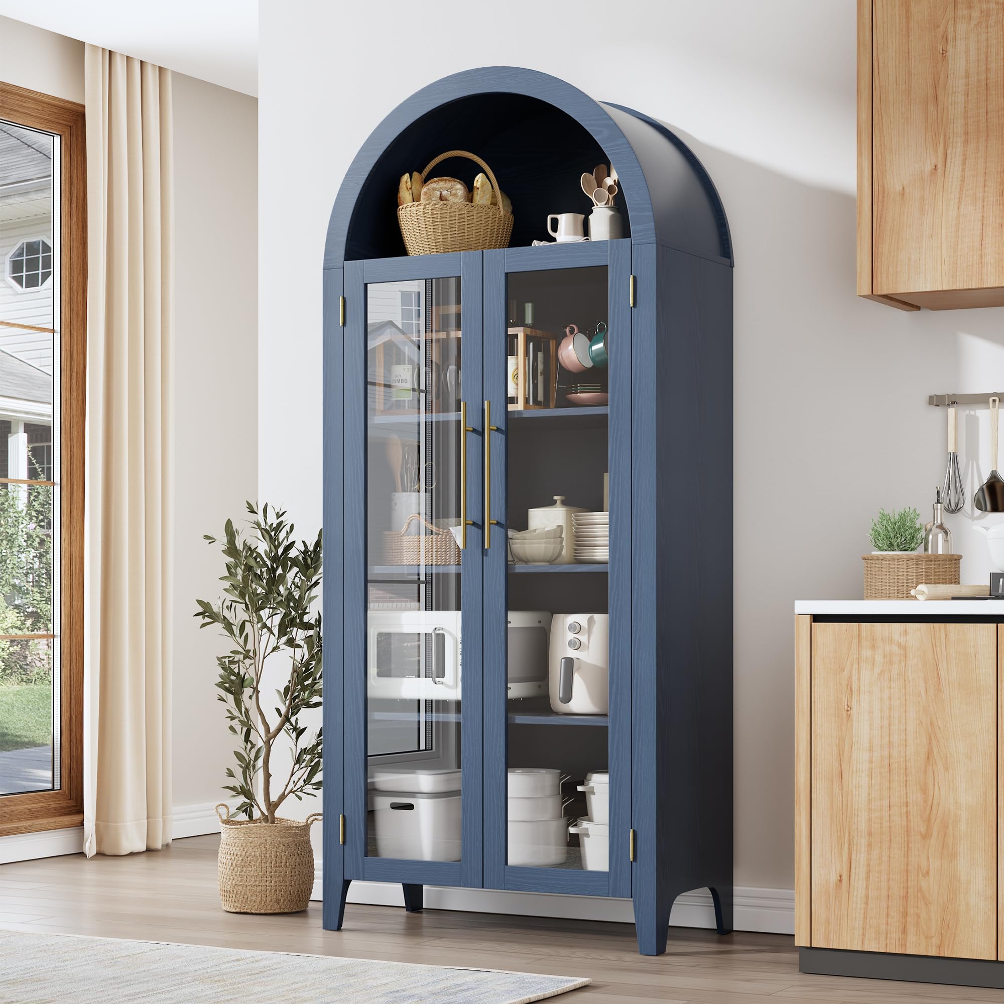 Photo 1 of ***BROKEN, SOLD FOR PARTS*** GarveeHome Arched Kitchen Pantry Cabinet - Farmhouse 5 Tier Display Shelf with Adjustable Shelf and 2 Large Glass Doors, Versatile Storage Cupboard for Kitchen, Dining Room, Living Room, Night Blue