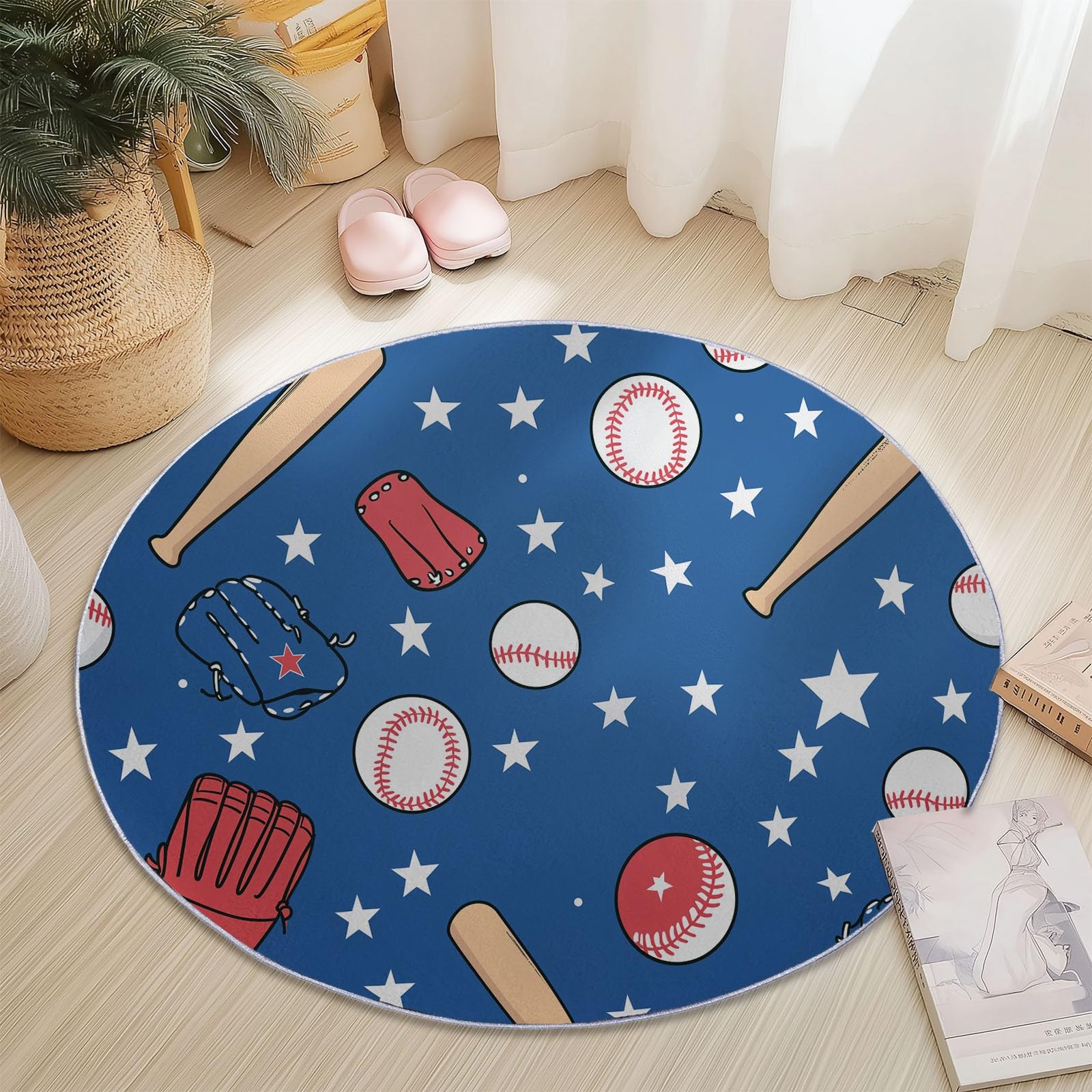 Tapis Rond 180 cm, Lavable & Antidérapant Doux à Poil Court, Motif Cartoon Baseball Étoiles Tapis pour Salon Chambre d'enfant d'amis Salle à Manger Bureau, Multicolore
