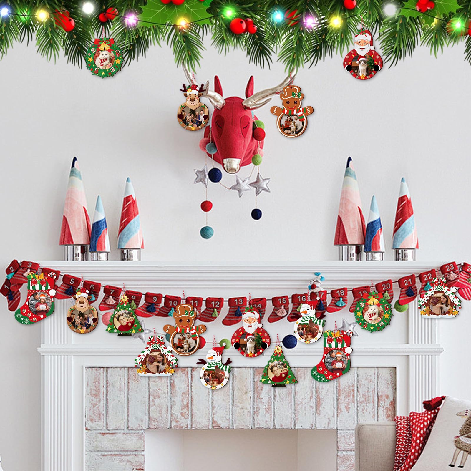 Juego de 16 marcos de fotos para árbol de Navidad, colgante de madera de Navidad, colgante de madera de Navidad, para pintar, decoración de Navidad, decoración de ventana