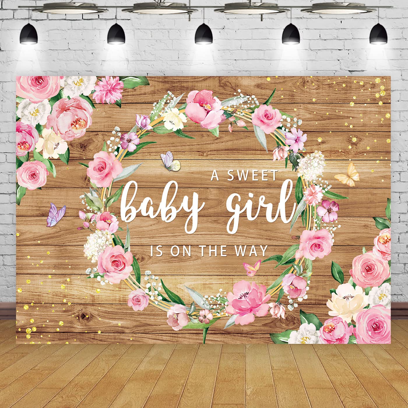 Fotohintergrund Babyparty – „A Sweet Little Girl Is On The Way“ – 1,5 X 0,9 M, Vinyl, Blumen