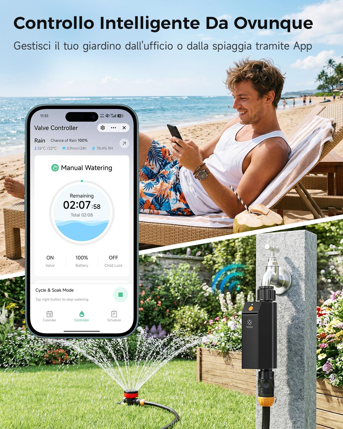 WOOX Programmatore Irrigazione WiFi Intelligente, Senza Hub Richiesto 2,4GHz Timer Irrigazione, App/Controllo Vocale, IP65 Impermeabile Centralina Irrigazione Automatica, Ritardo Pioggia & Manuale