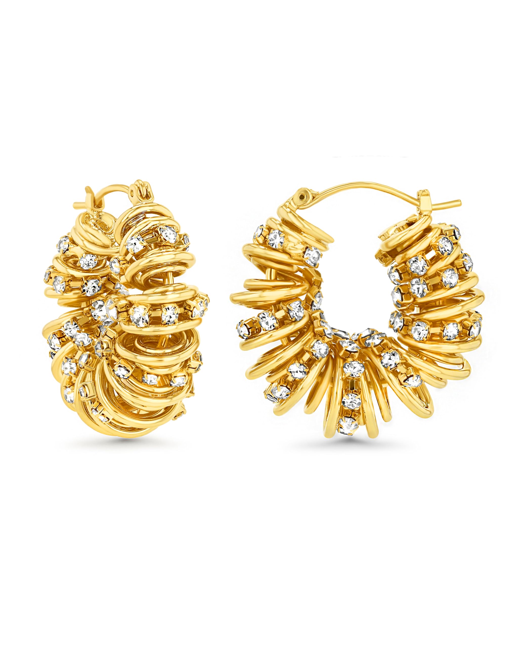 18K Gold Plated Chunky Curve Twisted Open Hoop Statement Stud Earrings with CZ for Women by SNGIA, Large Handmade Spiral Texture Braided Formal Trendy Hoop Jewelry Gifts, Big Circle Geometric Shell Beachy Vacation Fashion Hanging Earrings Accessories, Vintage Retro Thick Bohemian Nickle Free Circular Sun Dangle Earrings.