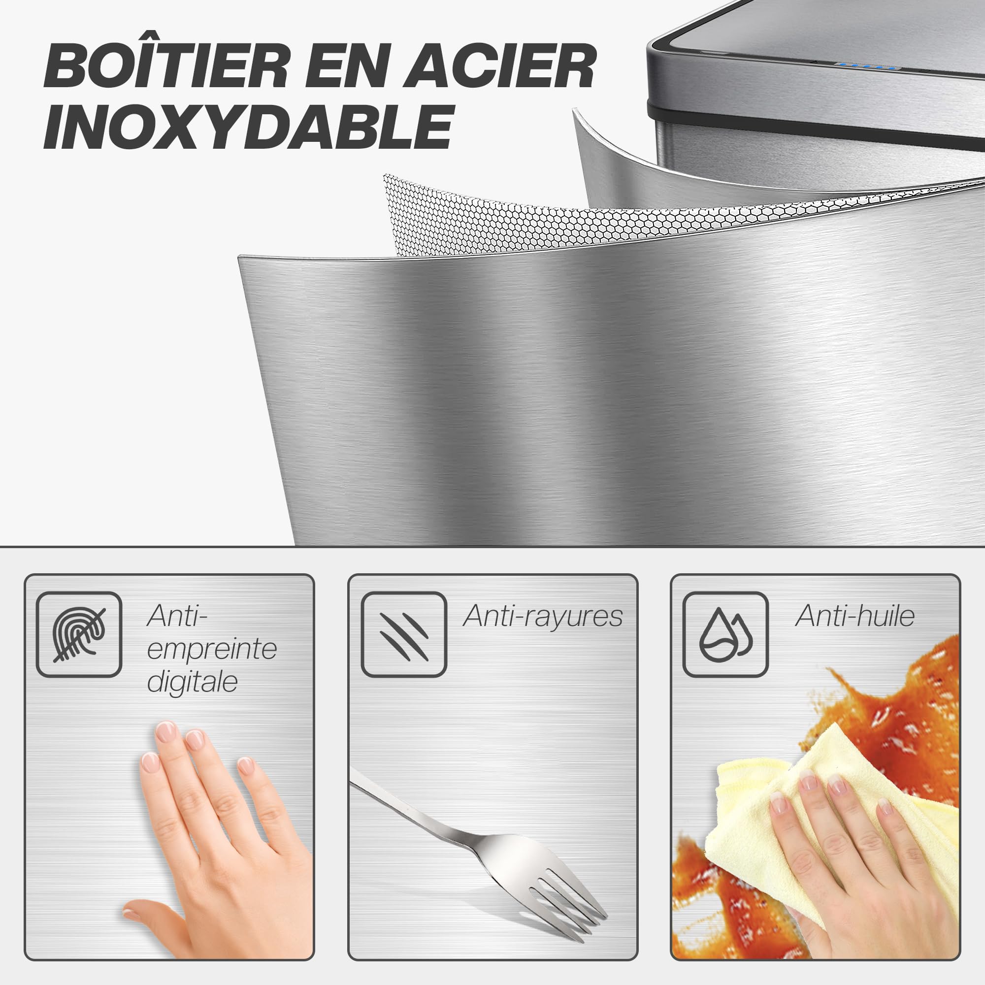 HOMCOM Poubelle à Capteur 50 L, Couvercle à Fermeture Douce Argenté | Poubelle de Cuisine Automatique sans Contact, en Acier Inoxydable Anti-Traces, pour Cuisine, Maison, Bureau