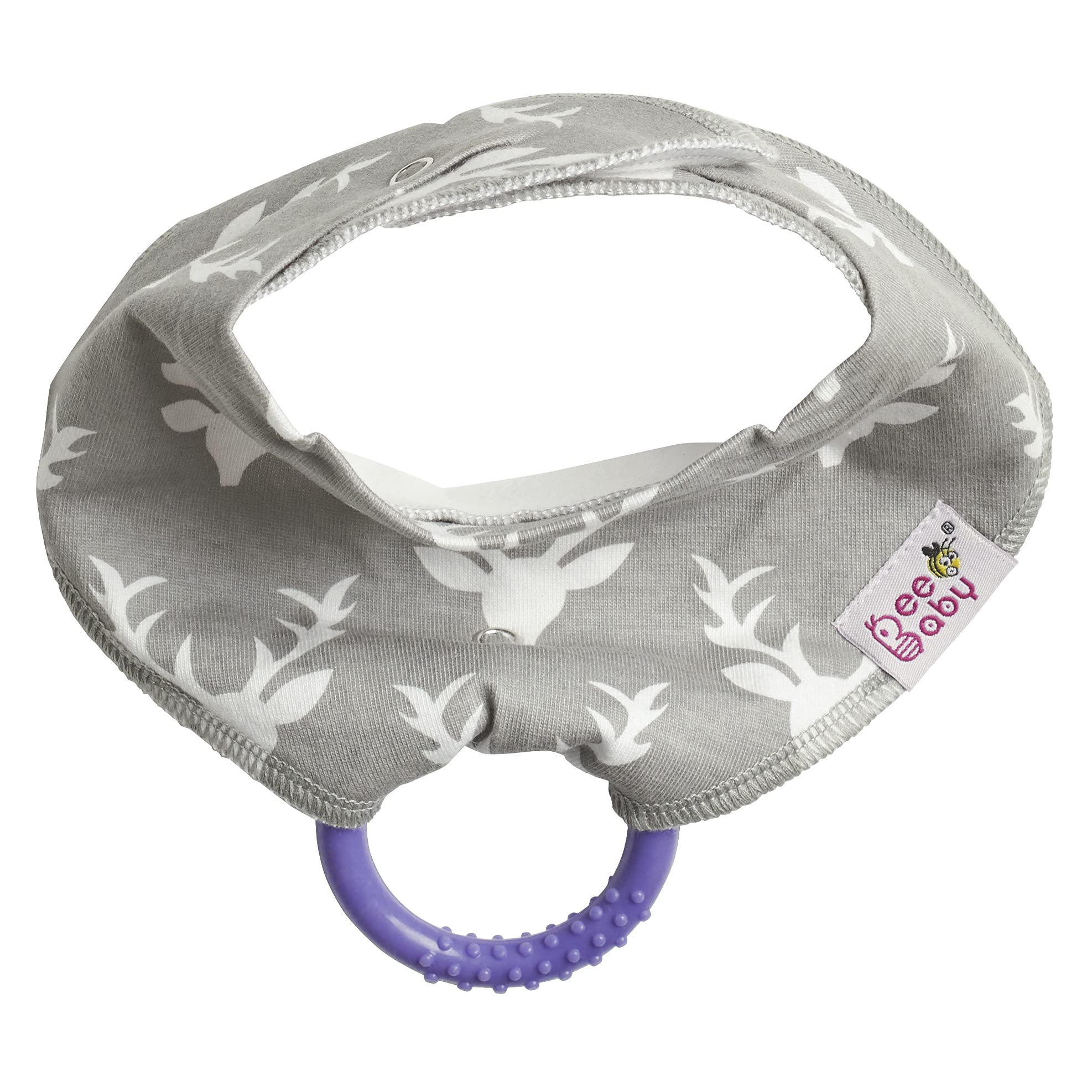 BeeBaby Super Absorbent & Soft Bandana Bib with Snap-On Teether. 100% Waterproof & Washable. (Gray - Deer) 3M+ 2