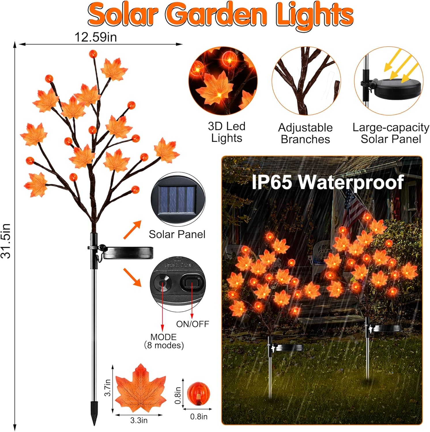 2 Pack Thanksgiving Decorations Lights Fall Decor Solar Lights Outdoor with 3D Maple Pumpkin, 8 Modes Fall Thanksgiving Lights Outdoor Solar Lights Waterproof for Yard Decor - Image 6