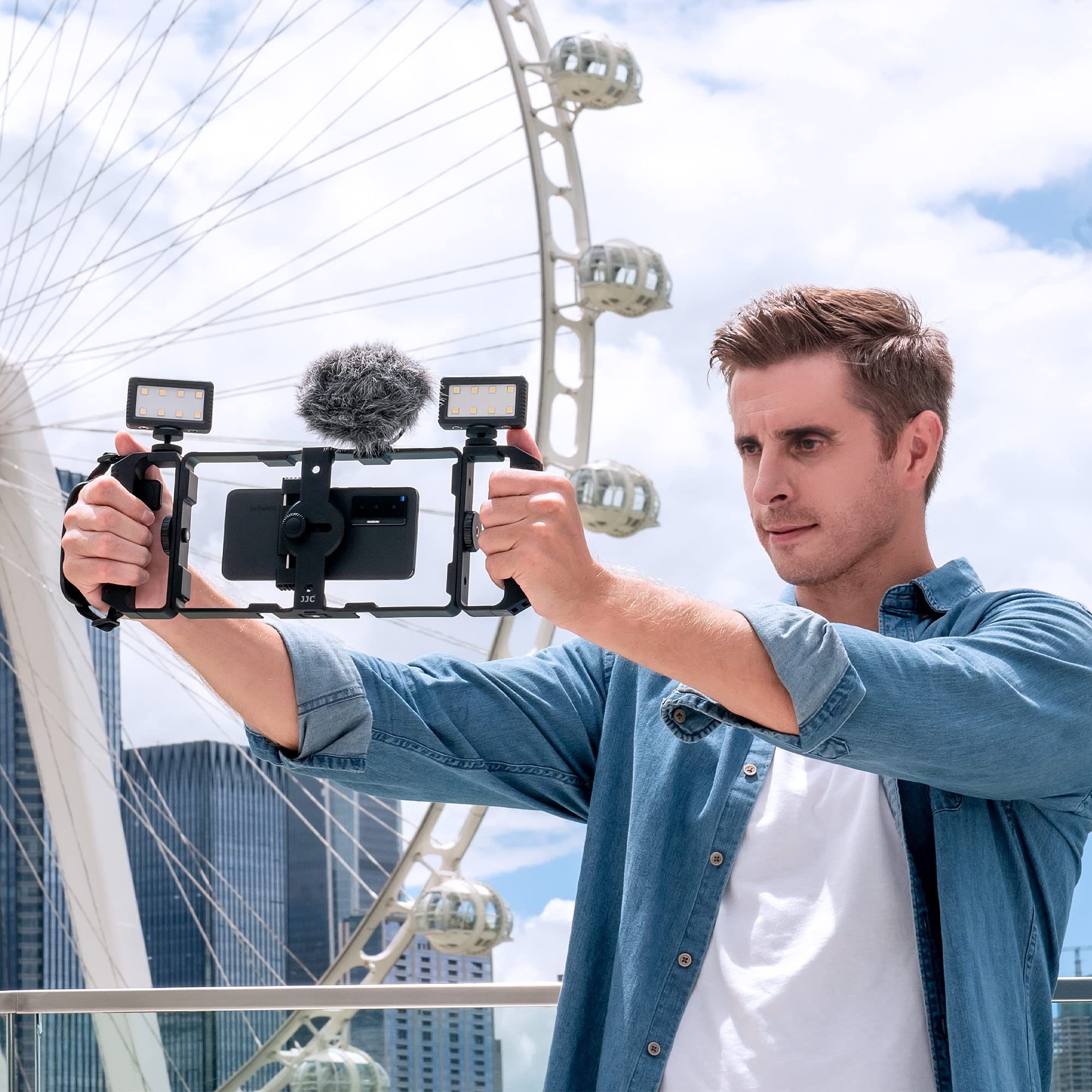 [Multiuso] JJC - Supporto video universale per smartphone + kit di controllo remoto Bluetooth per iPhone 17 16 15 14 13 12 11 Pro Max Huawei Samsung Mobile Phone Video Stabilizzatore portatile riprese