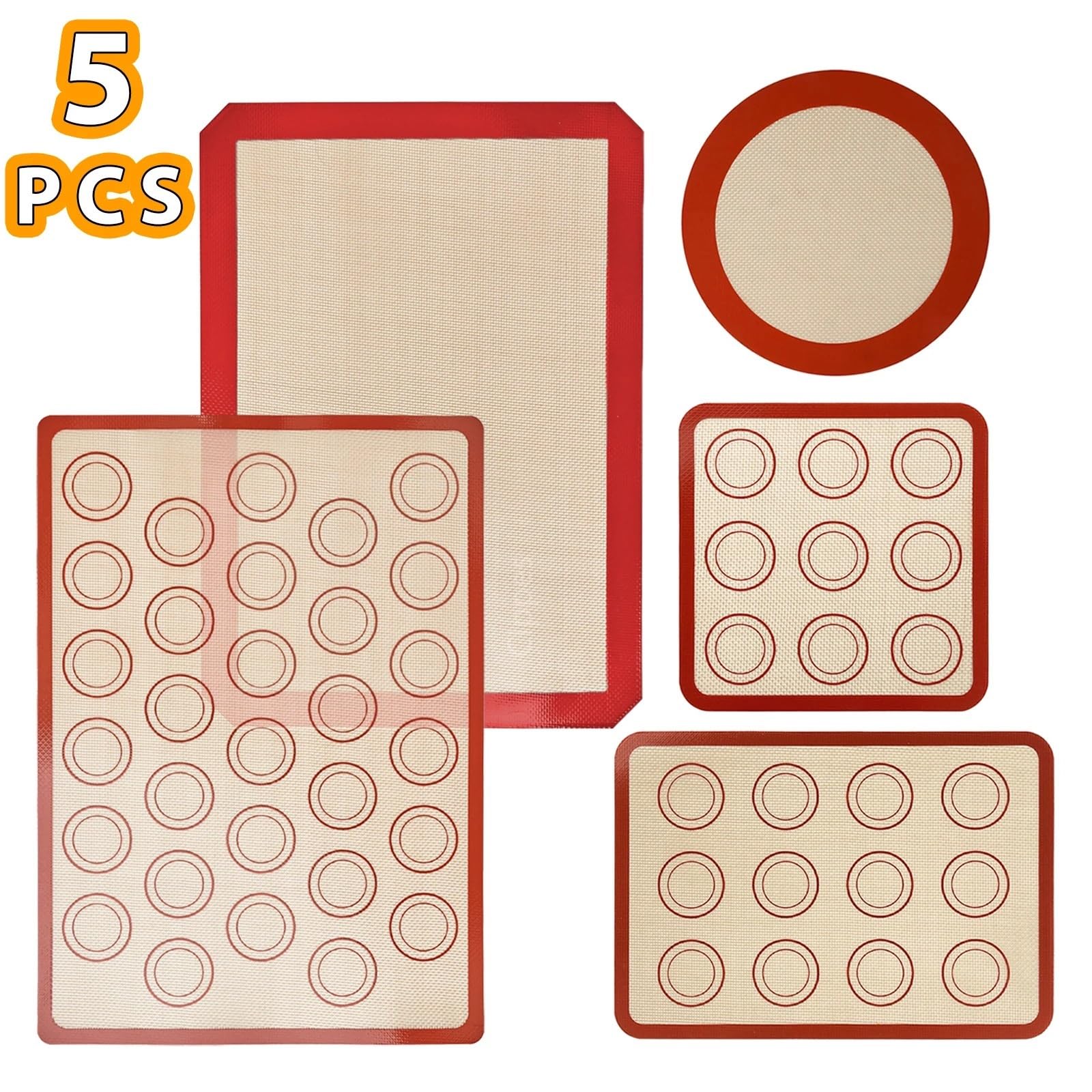 5-teiliges Silikon-Backmatten-Set, antihaftbeschichtet, wiederverwendbar, hitzebeständig, for Backofen, Heißluftfritteuse, for Backen von Keksen, Macarons, Brot, Gebäck für Fondant Pizza(Type A)