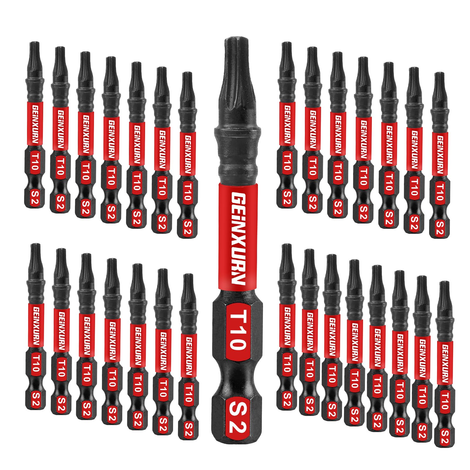 Geinxurn 30 Pieces T10 Impact Tough Magnetic Screwdriver Bit Set, 2 In. #10 Torx Head Power Bit Set, S2 Alloy Steel T10 Star Bit Set