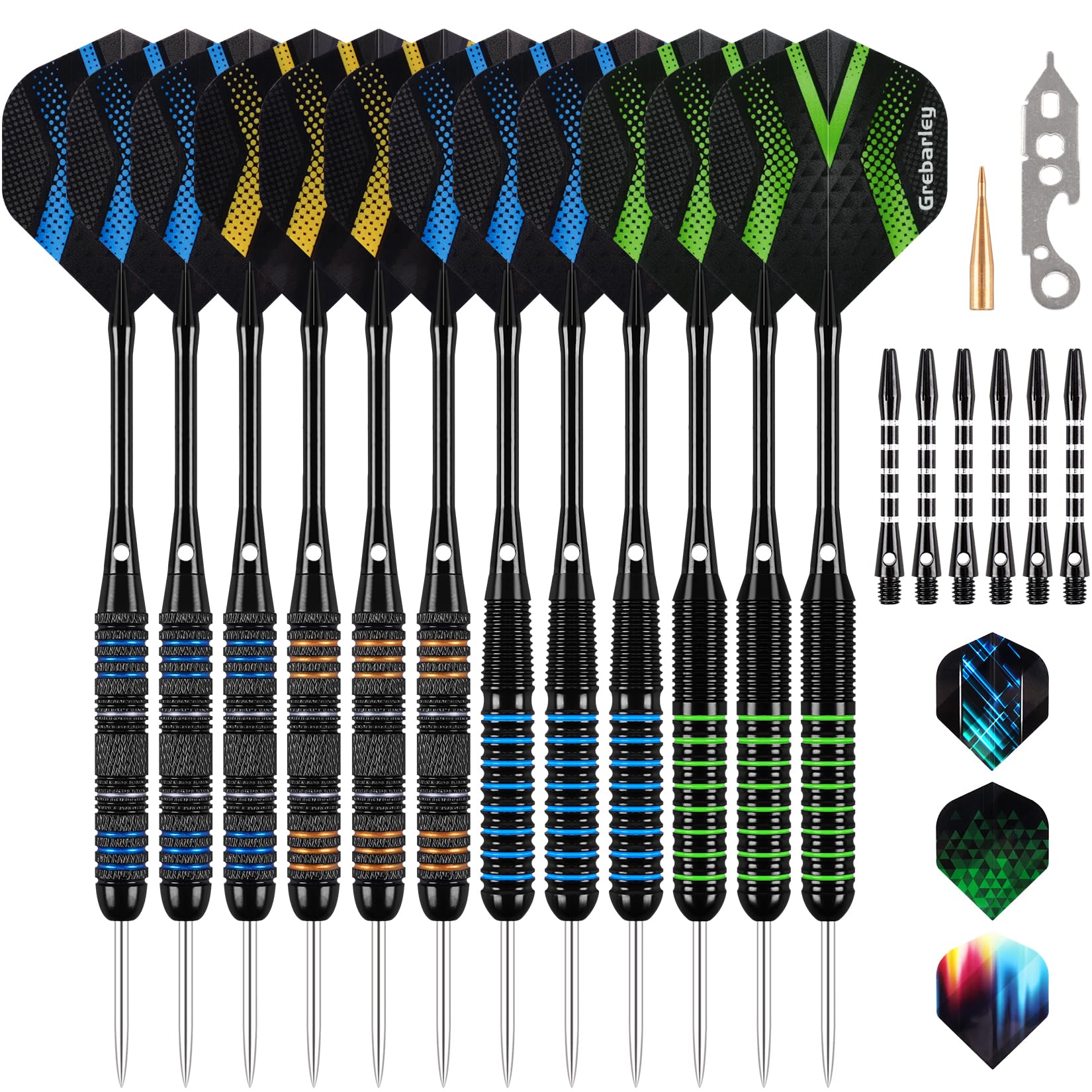 Grebarley Darts with Metal Tip, 6 Pieces 20 g and 6 Pieces 22 g, Professional Steel Darts 18 Aluminium Shaft with 9 Flights 20 Orings