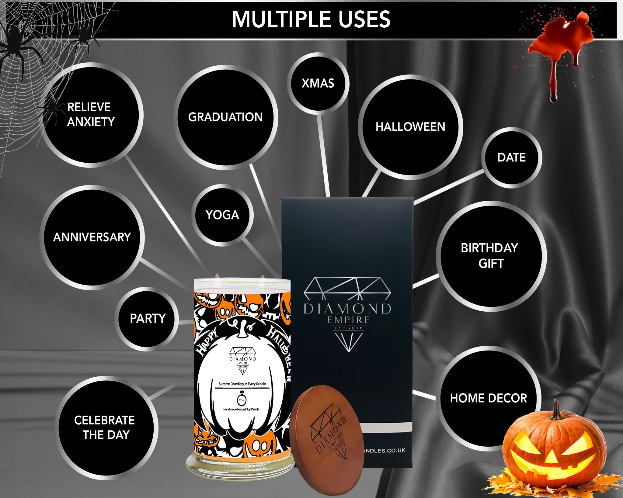 Diamond Empire Happy Halloween con gioielli a sorpresa all'interno (gioielli a sorpresa del valore fino a £2.500) 2 stoppini candela di Halloween (durata fino a 120H) (anello N/O)