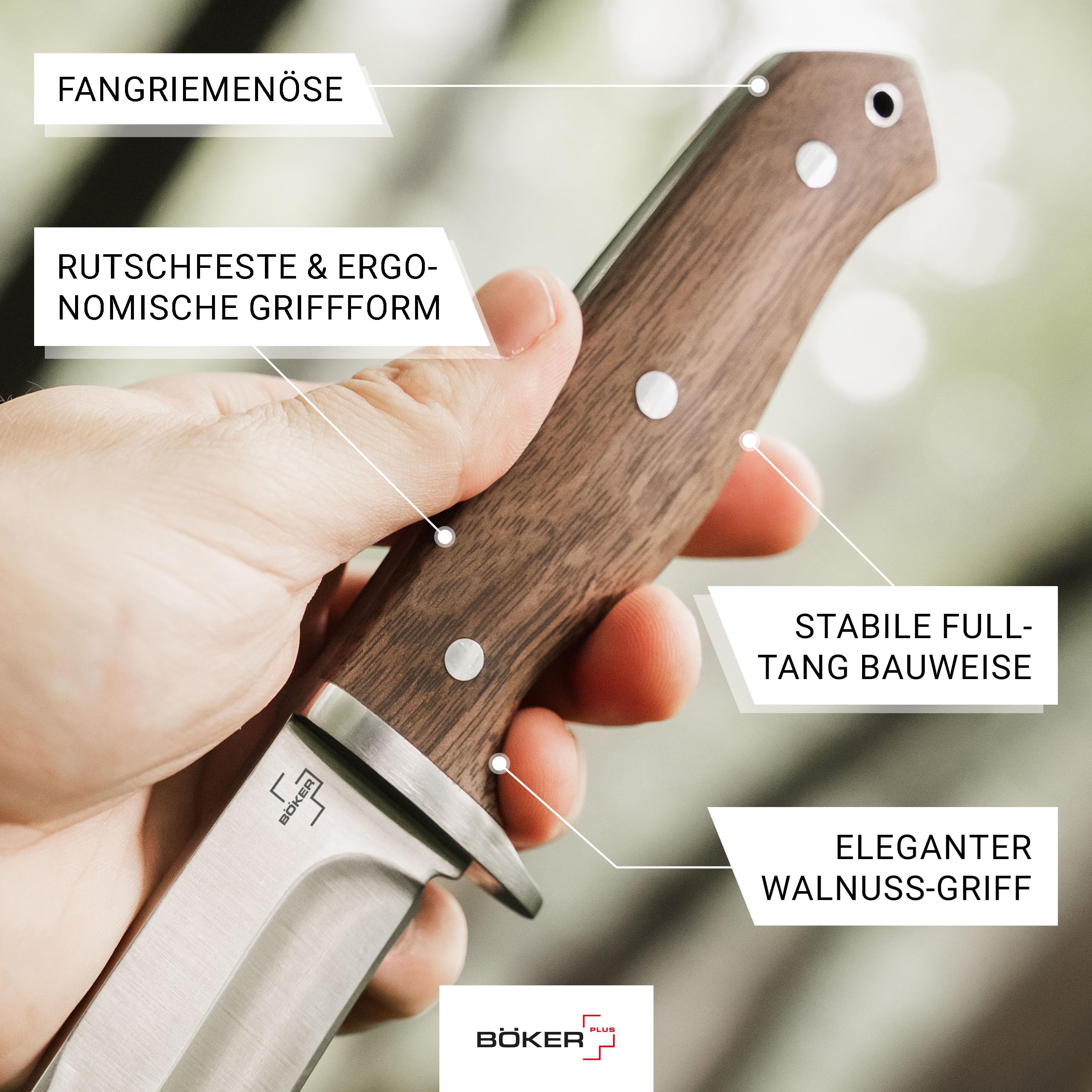 BÖKER PLUS® Walnut Drop Fahrtenmesser - feststehendes Bushcraft Messer mit 14C28N Sandvik Stahl unter 12 cm - Full Tang Outdoor & Jagdmesser extra scharf mit Holzgriff, Lederscheide & Parierelement