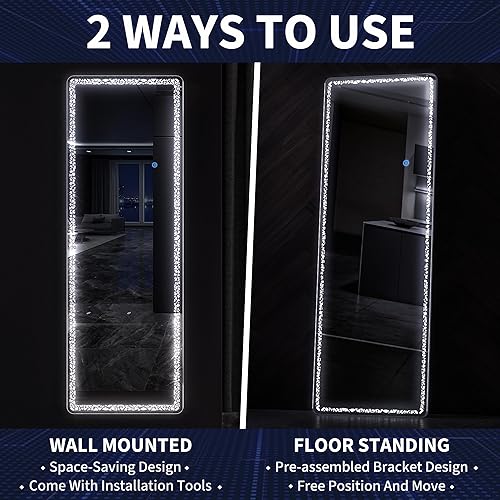 Miniatura 3 de Espejo LED de longitud completa, 64 x 21 pulgadas, espejo LED iluminado de pie de longitud completa con patrón triangular, espejo colgante montado