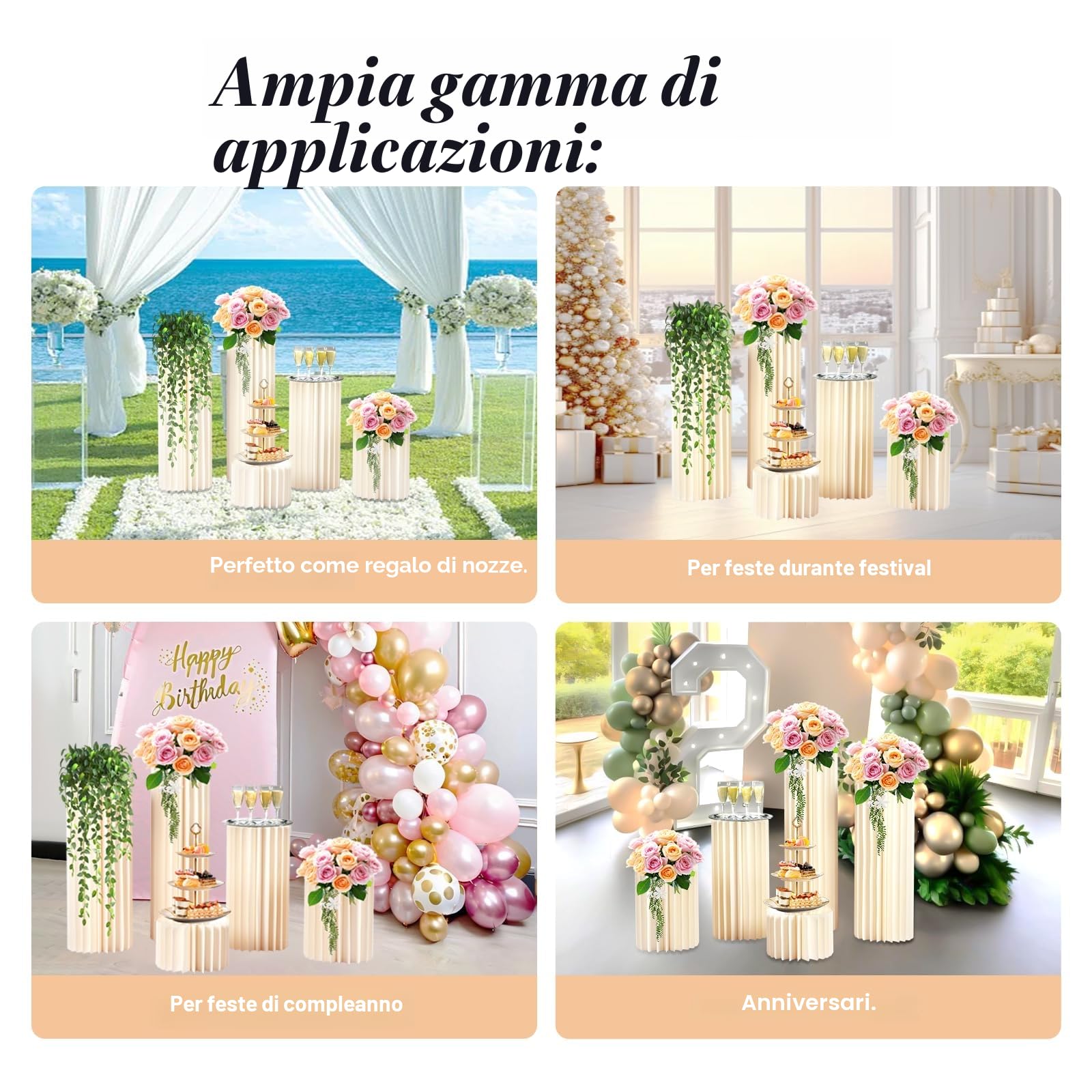 5 pezzi di cartone per matrimonio, colonna di fiori, vaso pieghevole in cartone, display a colonna con coperchio in acrilico, supporto per fiori pieghevole, colonna decorativa per matrimonio