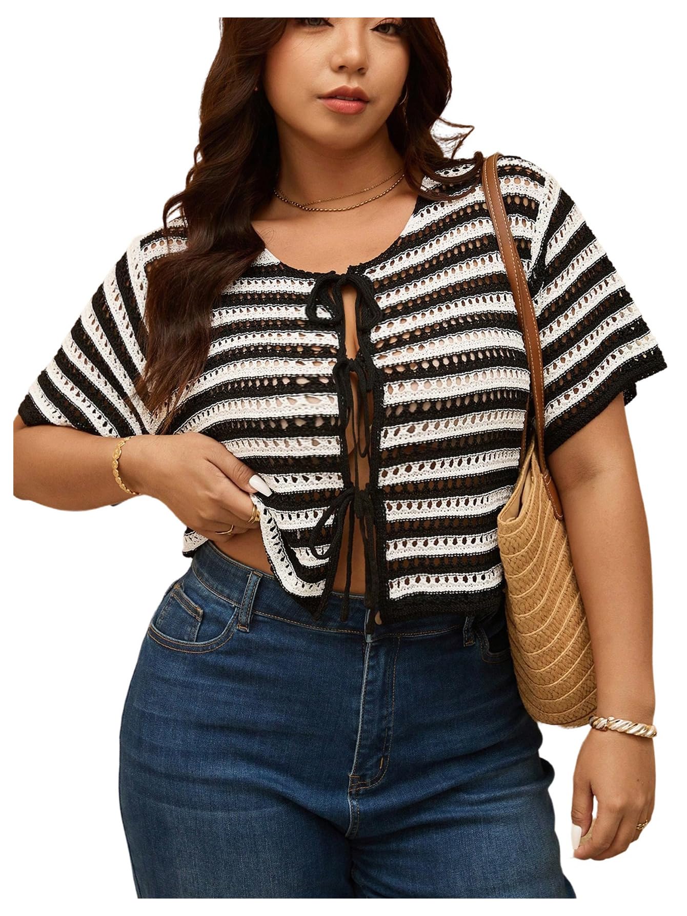 SweatyRocks Womens Plus Size Crochet Striped Cardigan Sweater Short Sleeve Crew Neck Knitted Outerwear
