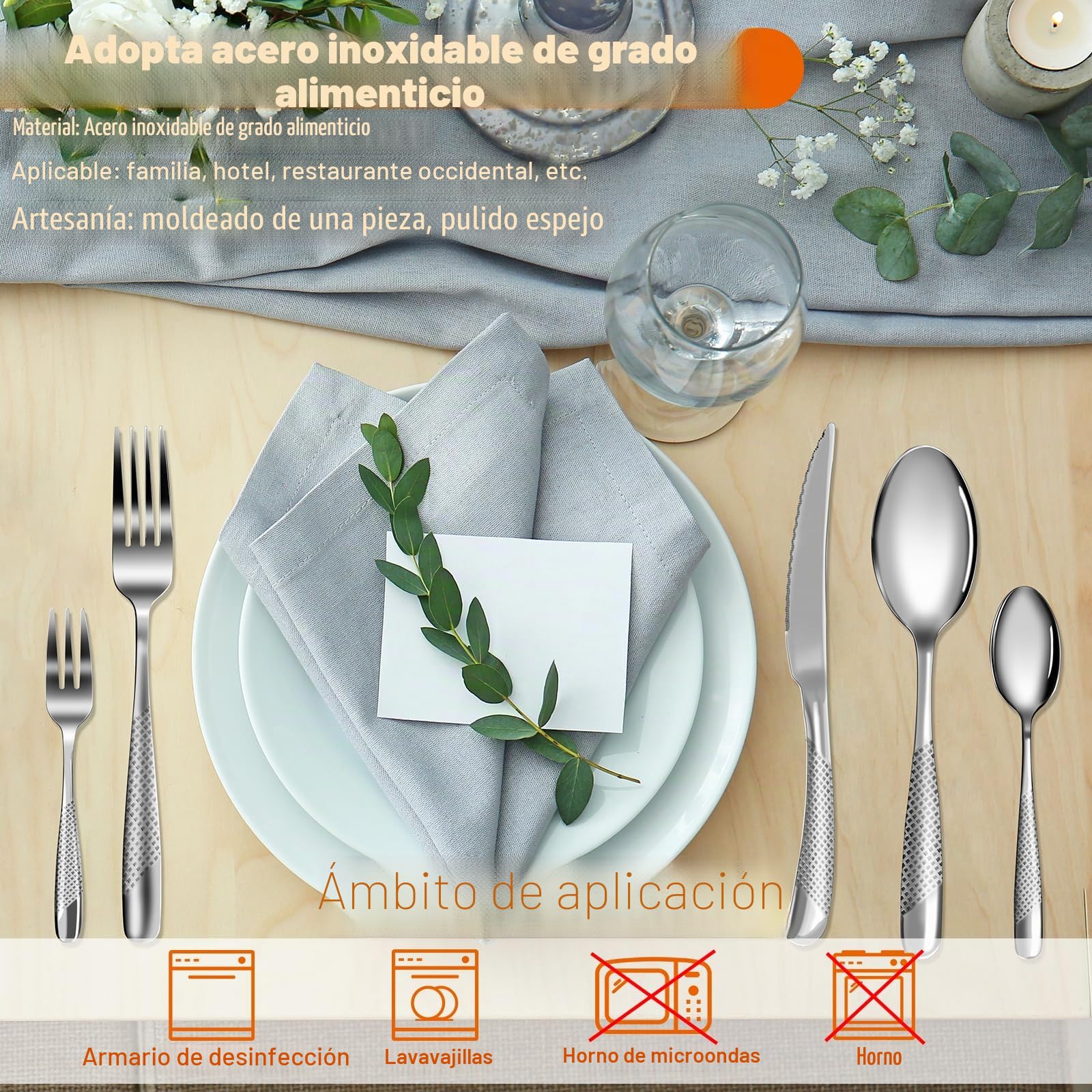 Cubiertos 40 piezas, Kit Cubiertos Individuales Acero Inoxidable para 8 personas, omprend cuchillos/tenedores/cucharas, lavable en lavavajillas, fácil de limpiar