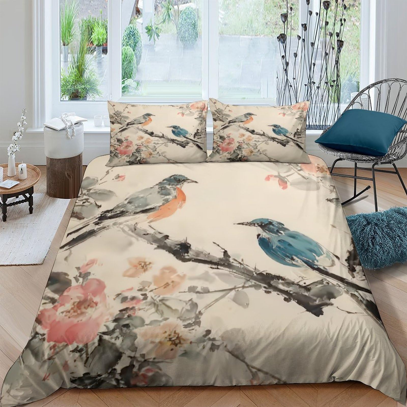 Ctjqhvkz Style-5 3D Printed Watercolor Birds Fitted Sheet Microfiber Soft Artistic Floral Bed Sheet For Bedroom Dorm Decor Single（135X200cm）