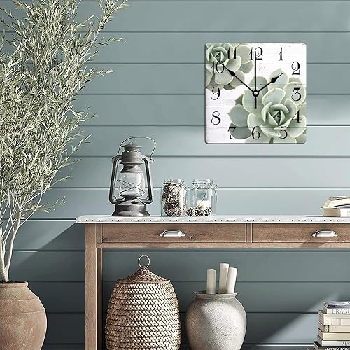 Miniatura 6 de Reloj de pared cuadrado de madera con plantas suculentas, duradero, funciona con pilas, reloj de pared de madera antigua para dormitorio, cocina,
