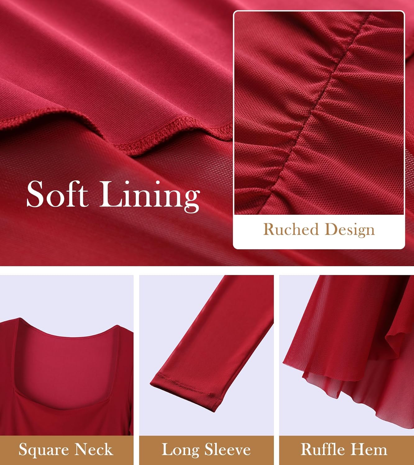 Women's Sexy Ruched Bodycon Midi Dresses Mesh Long Sleeve Square Neck Ruffle Hem Cocktail Party Dress - Image 7