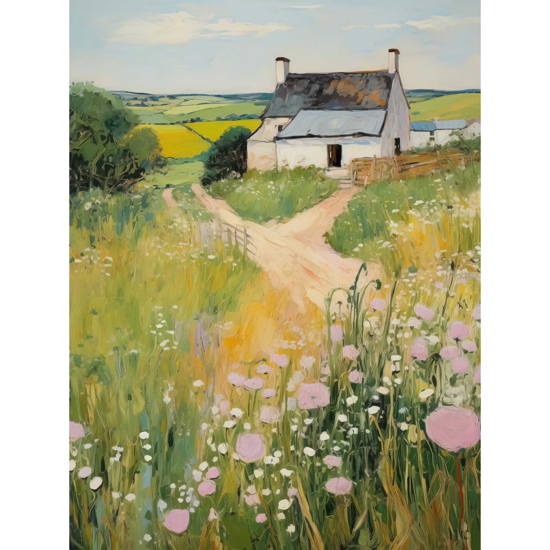 Artery8 Country Farmhouse Cottage Scene Traditional Landscape Oil Painting Meadows Countryside Summer Unframed Art Print Poster Wall Decor 12x16 inch