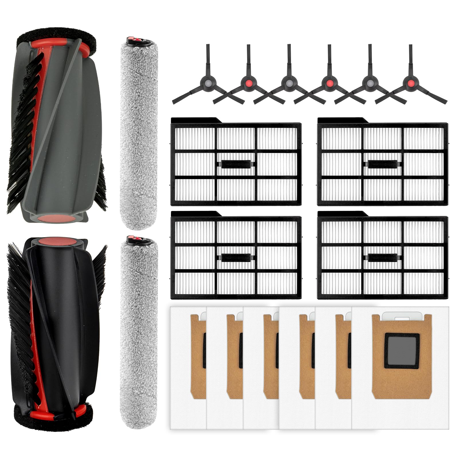 (20 Piezas) E28 E25 Kit de Repuestos y Accesorios para Aspiradora Robot Eufy E28 Omni/ E25 Omni, 2 Cepillos Rodantes, 2 Mopas Rodantes, 6 Cepillos Laterales, 4 Filtros HEPA, 6 Bolsas para Polvo