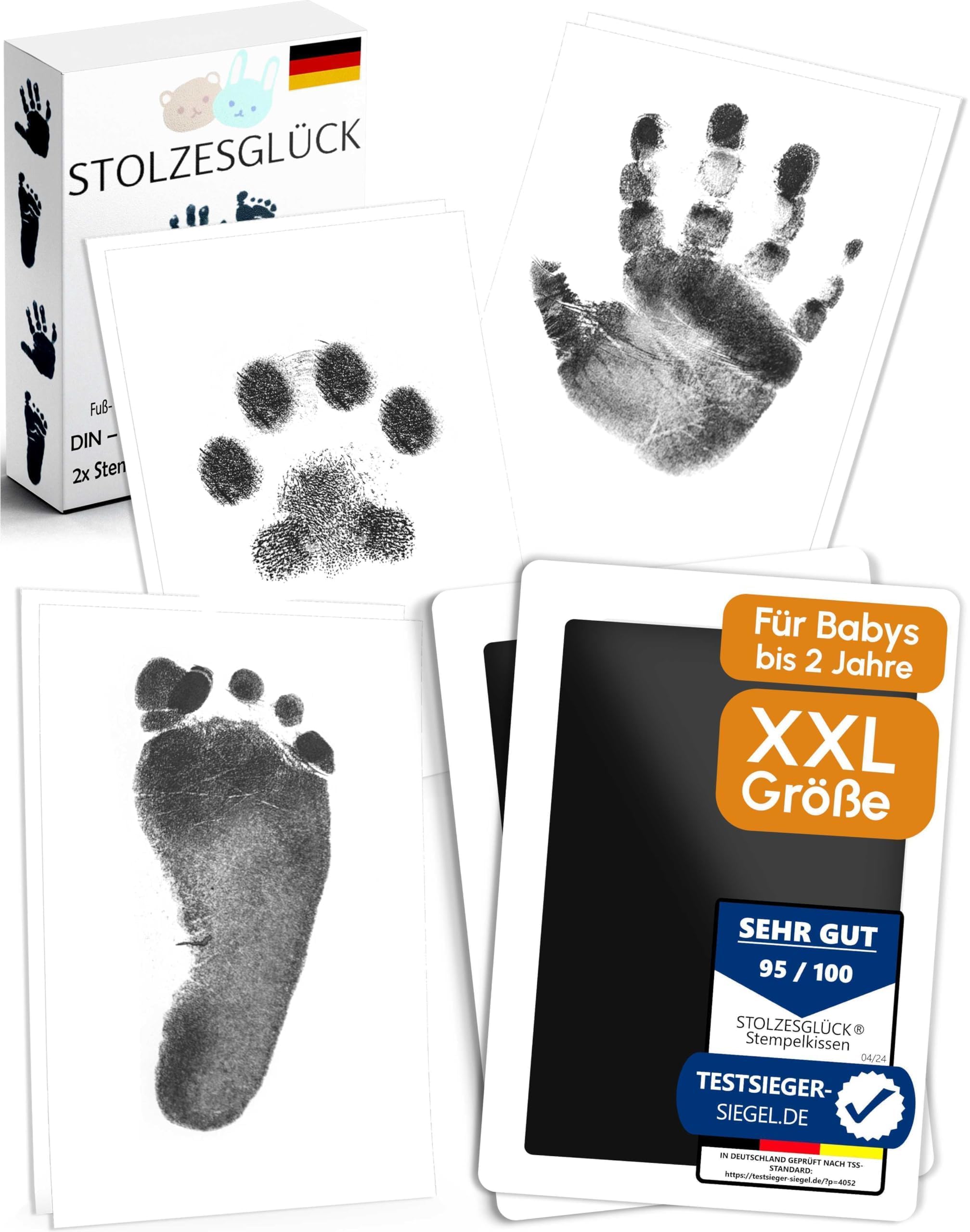 STOLZESGLÜCK Fußabdruck Handabdruck Baby Set, XXL (0-24 Monate) 7,5cm x 12cm, inkl. 2 Stempelkissen, 4 Abdruckkarten & 50 digitale Vorlagen, Saubere Erinnerung für Baby Hand & Fuß