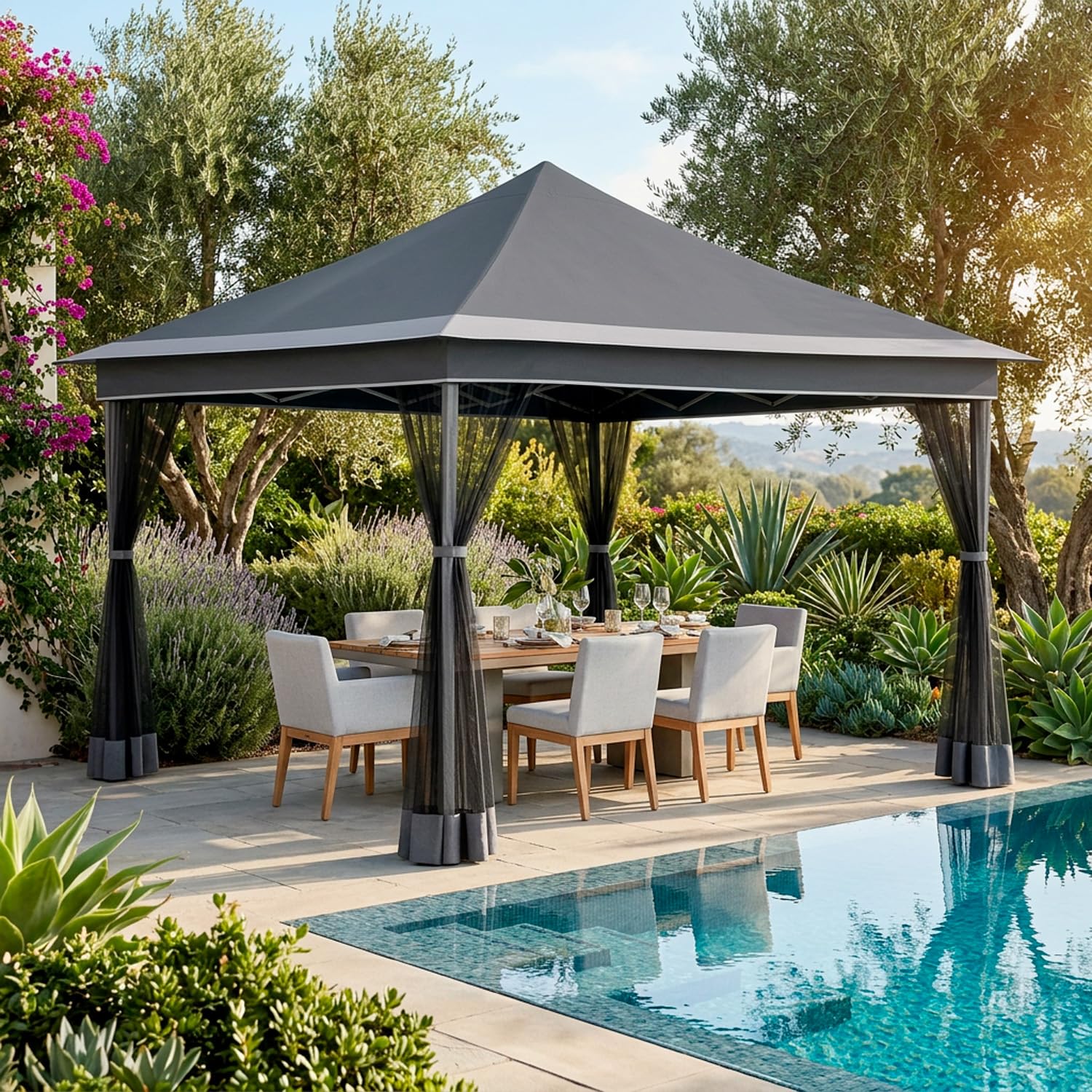 Gazebo Pieghevole Da Giardino Con Zanzariere Laterali Copertura Oxford UV50+ Struttura Regolabile Pop Up Con Borsa Trasporto Per Eventi Outdoor 360 x 360 x 310 Cm Bianco