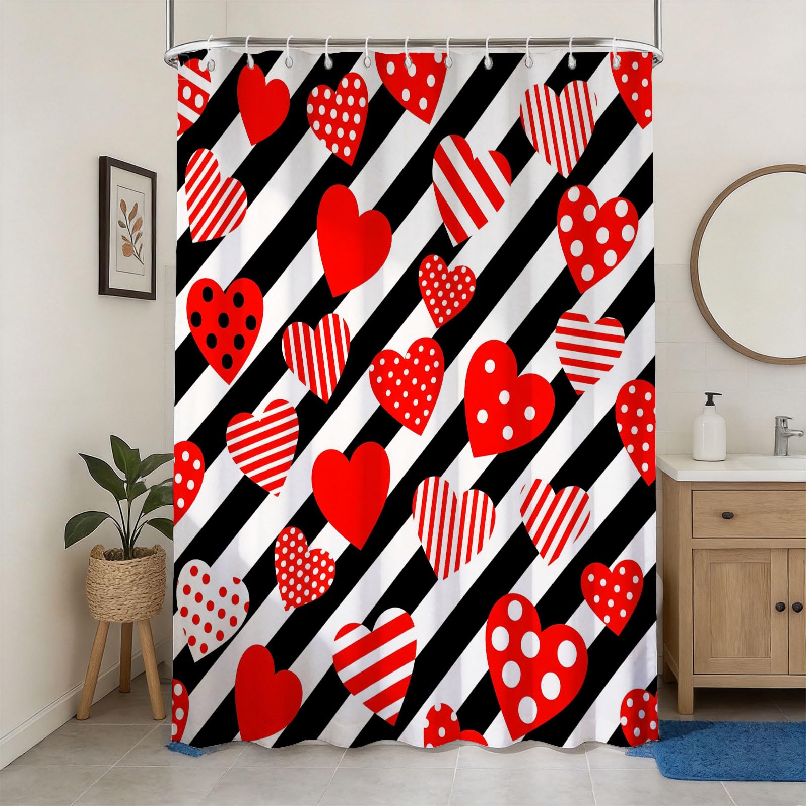 Hongduo 3D Heart Pattern Shower Curtain for Stalls Bathtubs Black and Snowy Stripe Bathroom Decor Shower Curtain Set Polyester Fabric Waterproof 200x200cm/79X79 Inch with Hooks