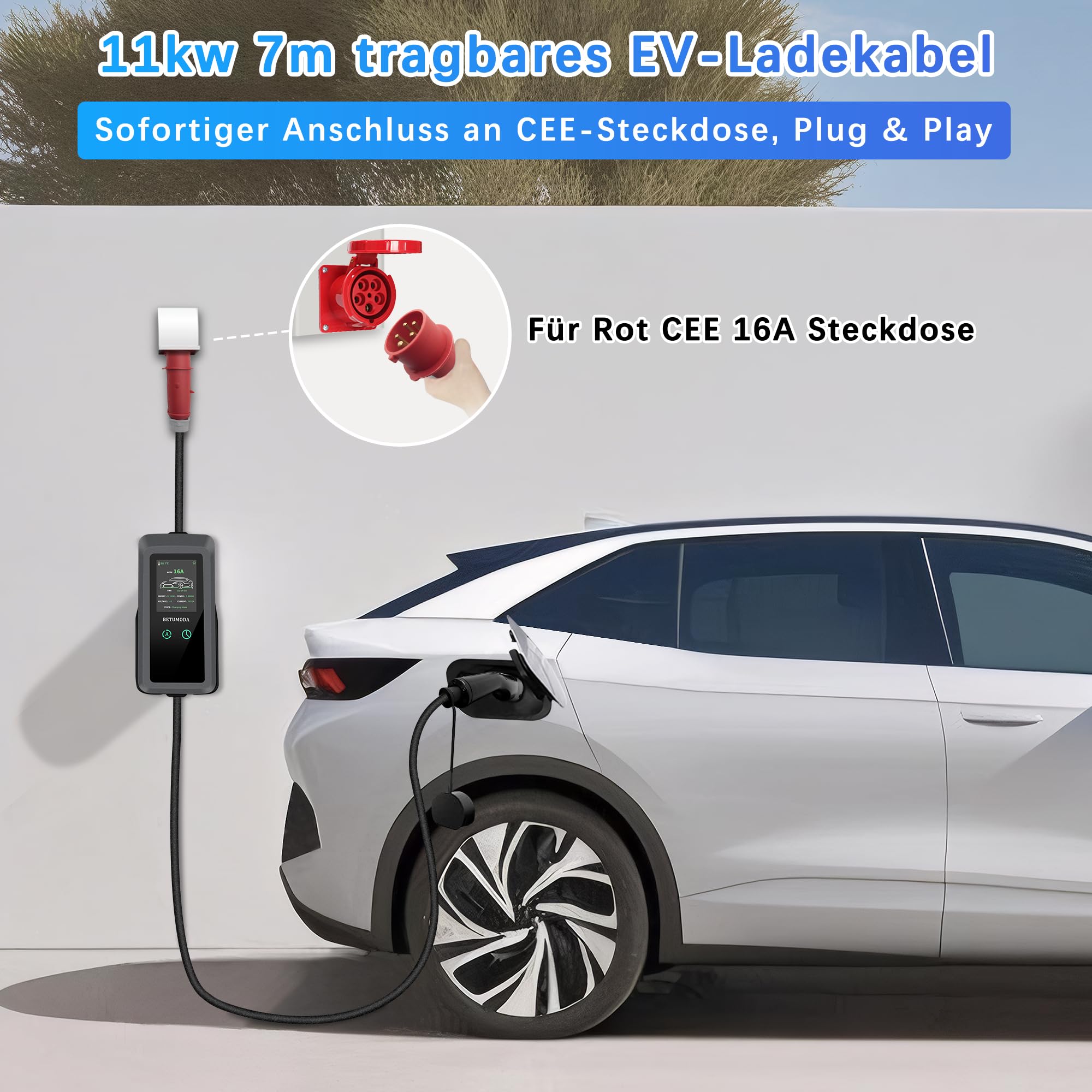 BETUMODA Mobile Wallbox 11 kW Caricatore Tipo 2 con Spina CEE 16A, Cavo di Ricarica 3 Fasi, Potenza di Ricarica Regolabile 8-16A, Impermeabile IP65, per Tutte Le Auto elettriche e PHEV