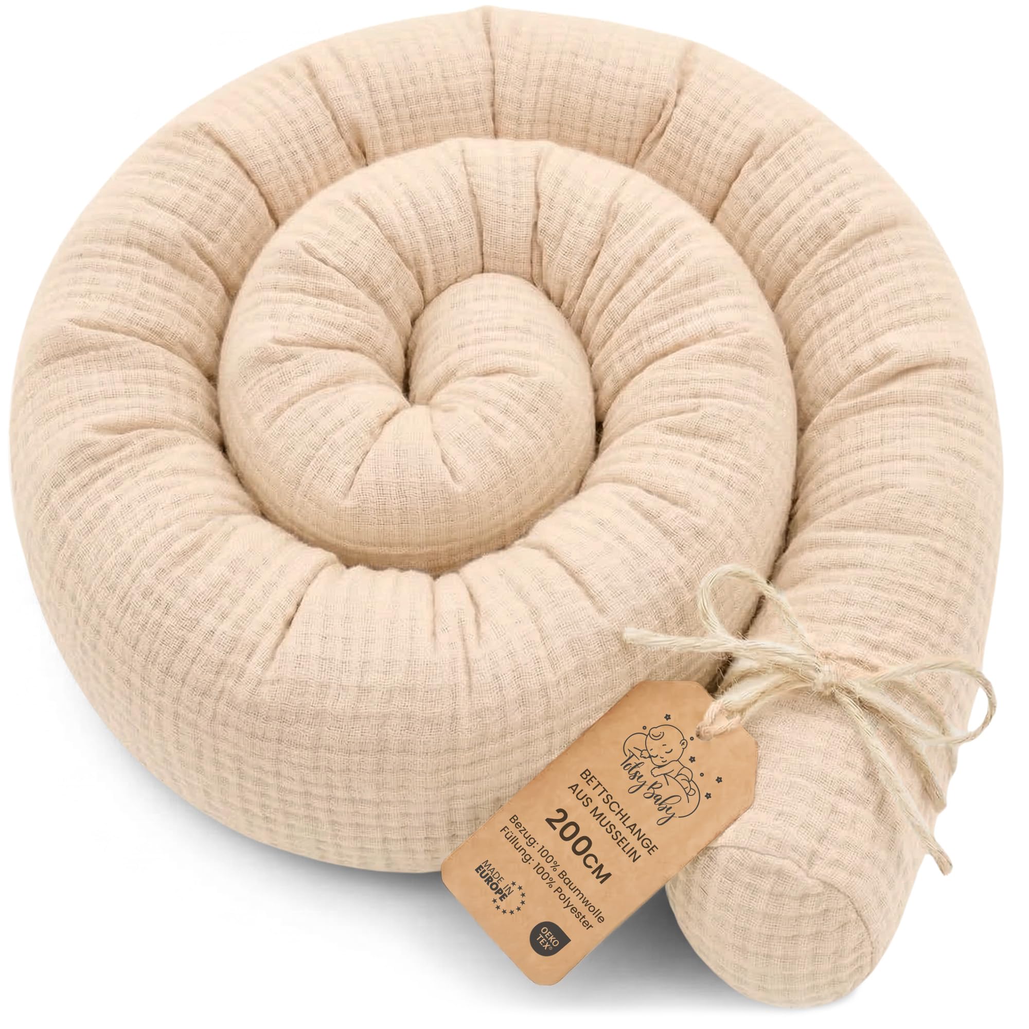 Totsy Baby Side sleeper Muslin bed snake body pillow 200 cm cotton long bed roll sleeping neck headrest Oeko-Tex Light Beige โ image 1