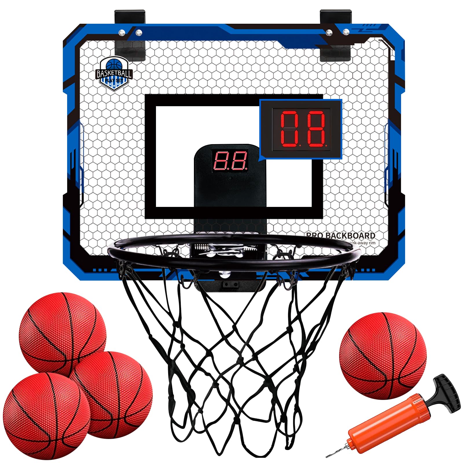 Canasta Baloncesto Infantil,Mini Canasta de Baloncesto Interior,con puntuación automática,4 Pelotas,2 Redes,Aro Baloncestos Interior Exterior Pared para de 5 6 7 8 9 10 11 niños niñas（Azul）
