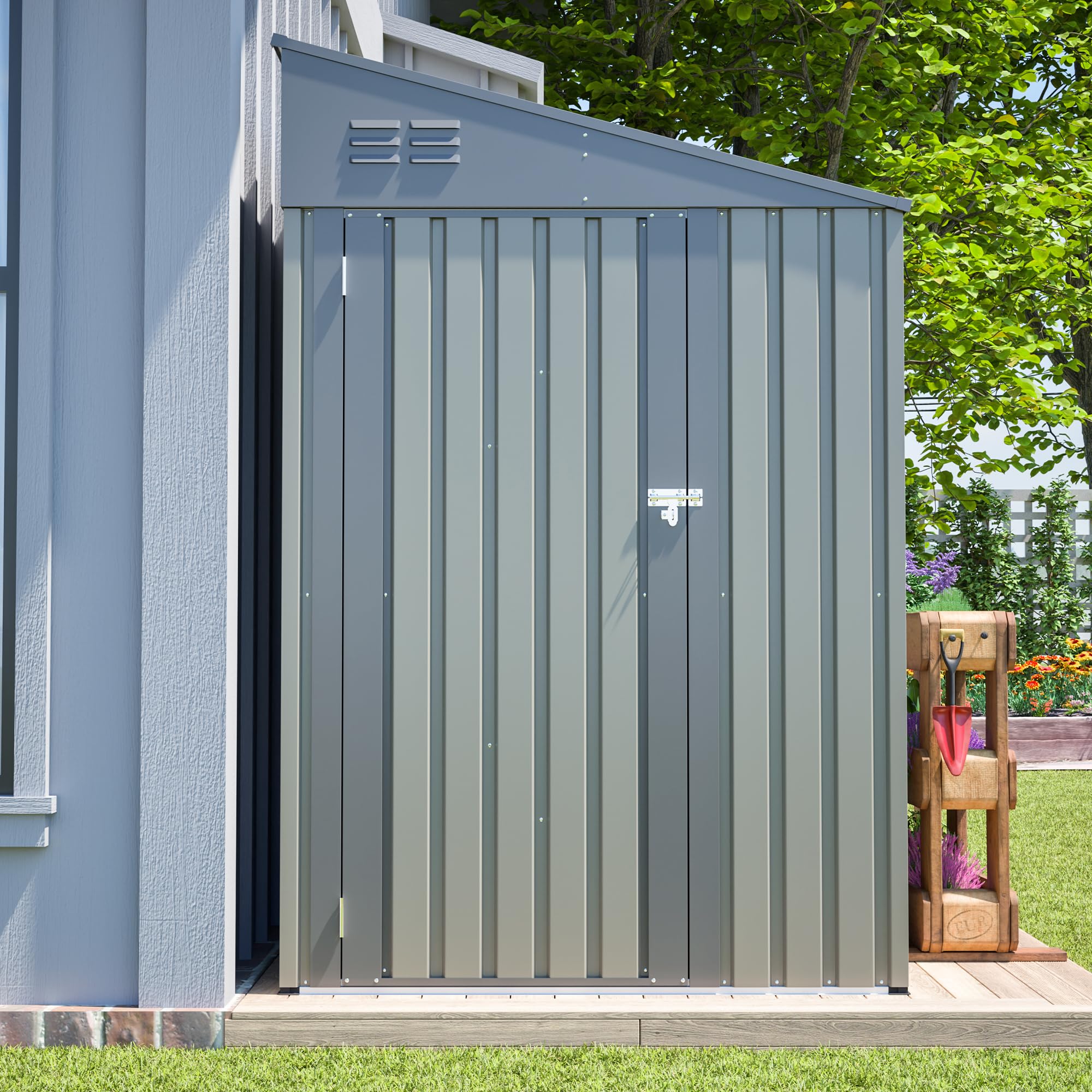 4x7 Foot Lean-to Shed, Olive Grey, Galvanized Steel, Outdoor Storage for Garden Tools & Bicycles, Waterproof, 52.07x85.62x77.85 Inches