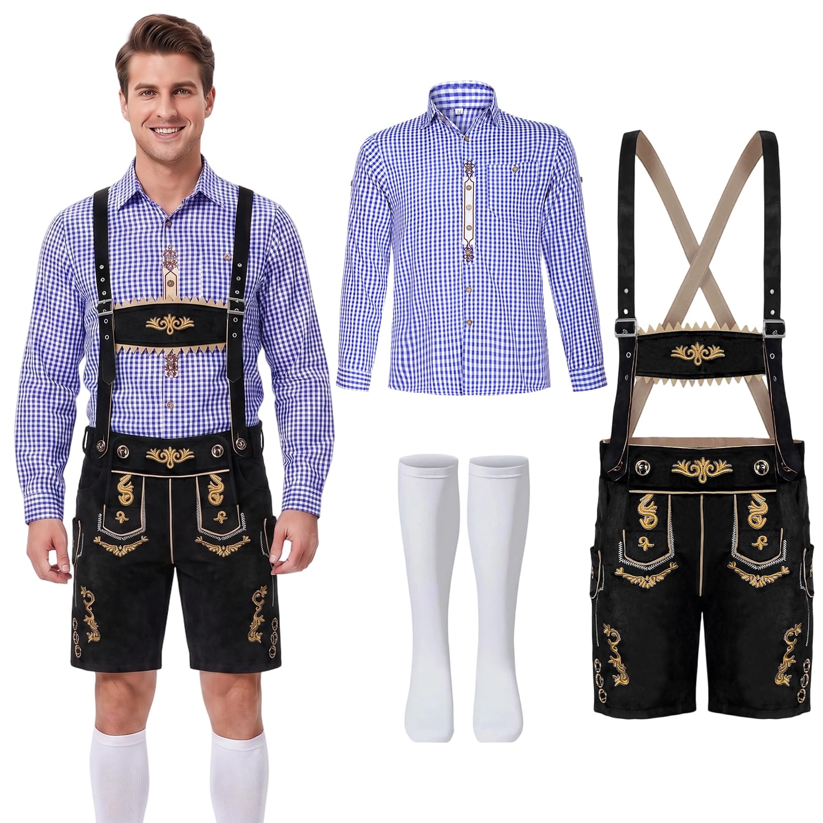 Essestim Oktoberfest Men's Costume, Traditional Bavarian Oktoberfest Lederhosen Costume Set with Suspenders Shorts Hat Stocking for Beer Festival Traditional Fancy Dress (Blue, M)