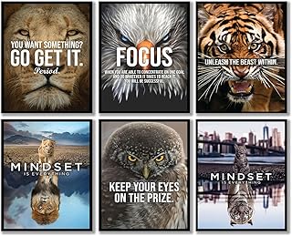 6 PCS Inspirational Phrases Wall Art Prints Decor,Inspirational Mindset Is Everything Wall Decor,Gold Cat Lion and Tiger and Eagle Cat Letter Inspirational Quotes Posters Wall Art Prints,Inspirational Wall Art for Office Quotes Theme Wall Decor for Animal Leopard Motivational Canvas Prints Framed Wall Art for Bedrooms Motivational Modern Home Decor,Set of 6(8"x10" Inches,Unframed)