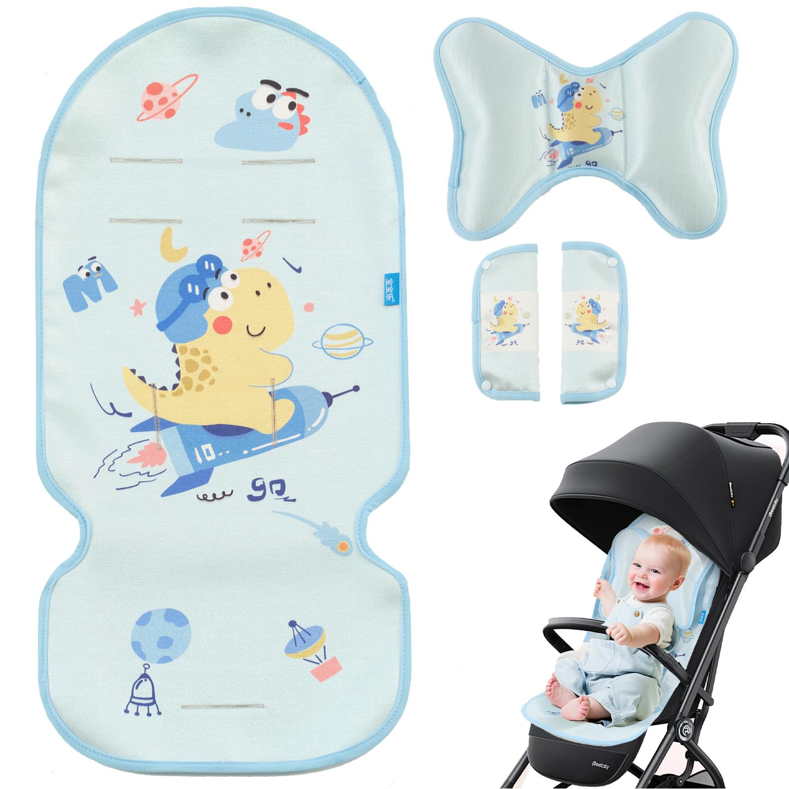 Sitzauflage Kinderwagen Sommer Kinderwagen, 5 Punkt Gurt Kühlkissen Weiche Atmungsaktive, 3 Stück Kühler, Kissen Schulterpolster, Kopfkissenkinder, Mit Niedlichen Tieren (Dino)
