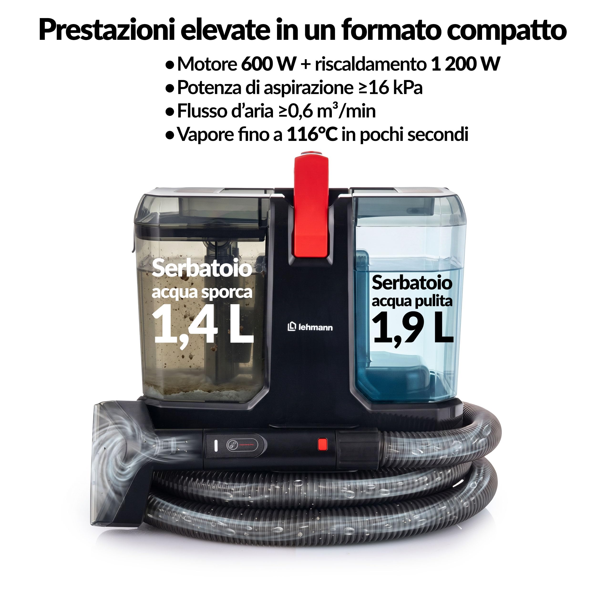 LEHMANN SteamWash 1800 Lavatappezzeria e Pulitore a Vapore 4 in 1, Lavatappeti e Divani con Acqua Calda 60°C e Vapore 116°C, Pulitore Tappeti, Pulitore Divano, Lava e Aspira, Aspirazione 16 kPa