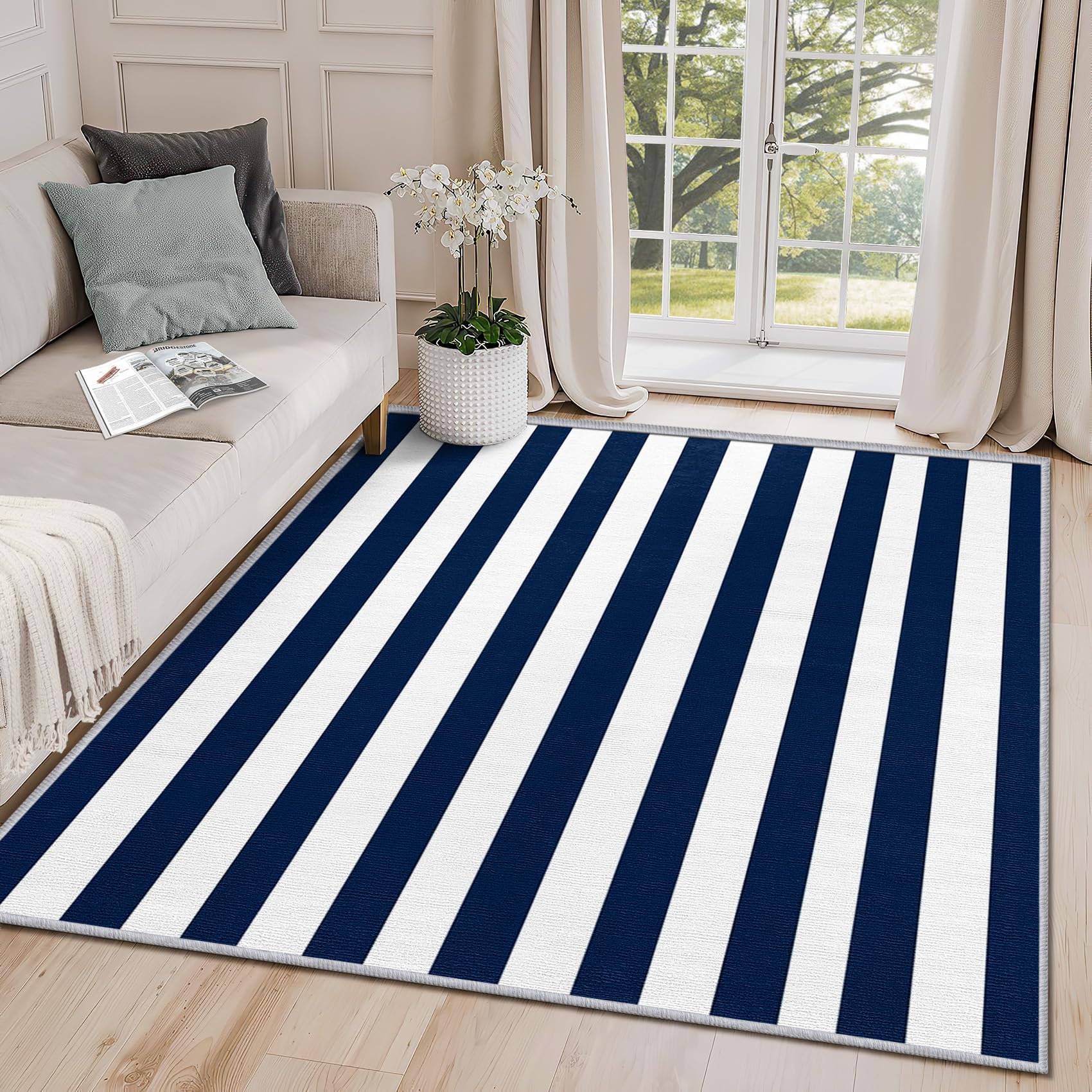 Clofmor Striped Rug for Bedroom - Nautical Stripes Rugs Living Room Non Slip Washable Low Pile Carpet Home Decoration, 80x150cm, Navy Blue White
