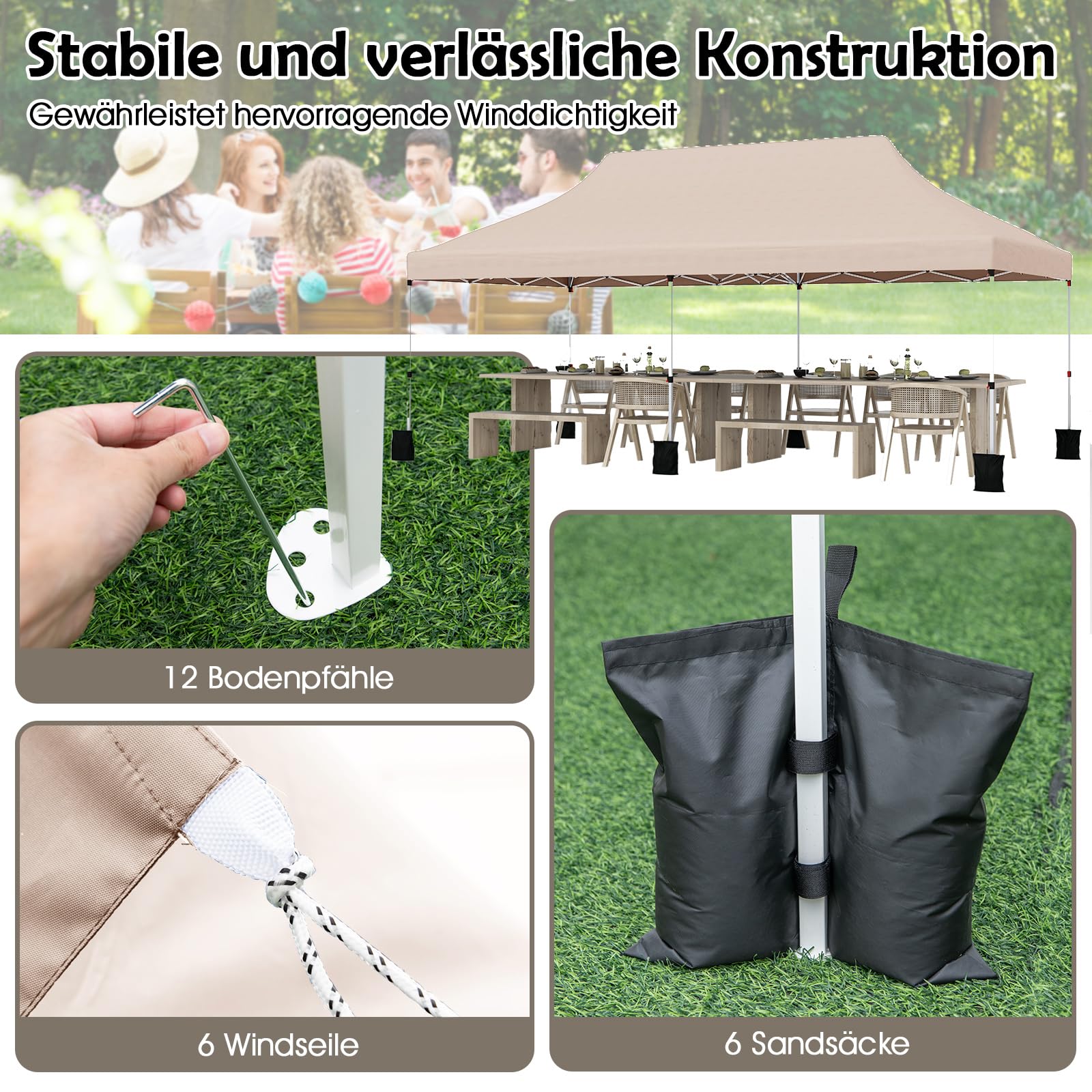 RELAX4LIFE Pavillon, Pop Up Faltpavillon 3x6m, Partyzelt Wasserabweisend & Stabil, Gartenzelt Höhenverstellbar, UV-Schutz 50+, Gartenpavillon Faltbar mit Tasche (Beige)