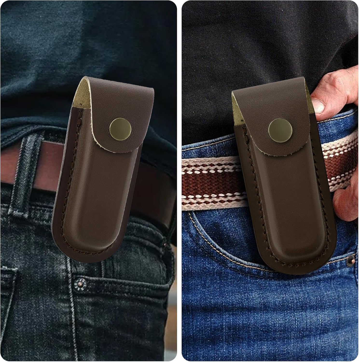 Leather Pocket Knife Sheath, 4'' Pocket Knife Pouch, Folding Knife Belt Sheath with Snap Closure and Vertical Carry Belt Loop, Knife Holster for Outdoor or Daily Use, Medium Size, Brown