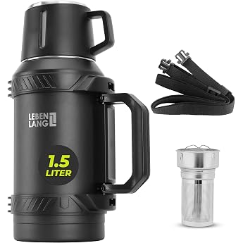 LEBENLANG Thermos Flask 1.5 Litres   24 Hours Hot Including Cup Tea Strainer Carrying Strap Water Bottle Thermal Mug 1 5 Litre Thermos Flask Stainless Steel Thermal Flask Insulated Flask Thermal Cup