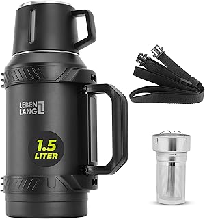 LEBENLANG Thermosflasche 1,5 Liter - 24h Heiß Inkl. Becher, Teesieb, Tragegurt I Trinkflasche Thermobecher 1 5 Liter Thermoskanne I Getränkeflasche Edelstahl Termoflaschen Isolierflasche Thermo Cup