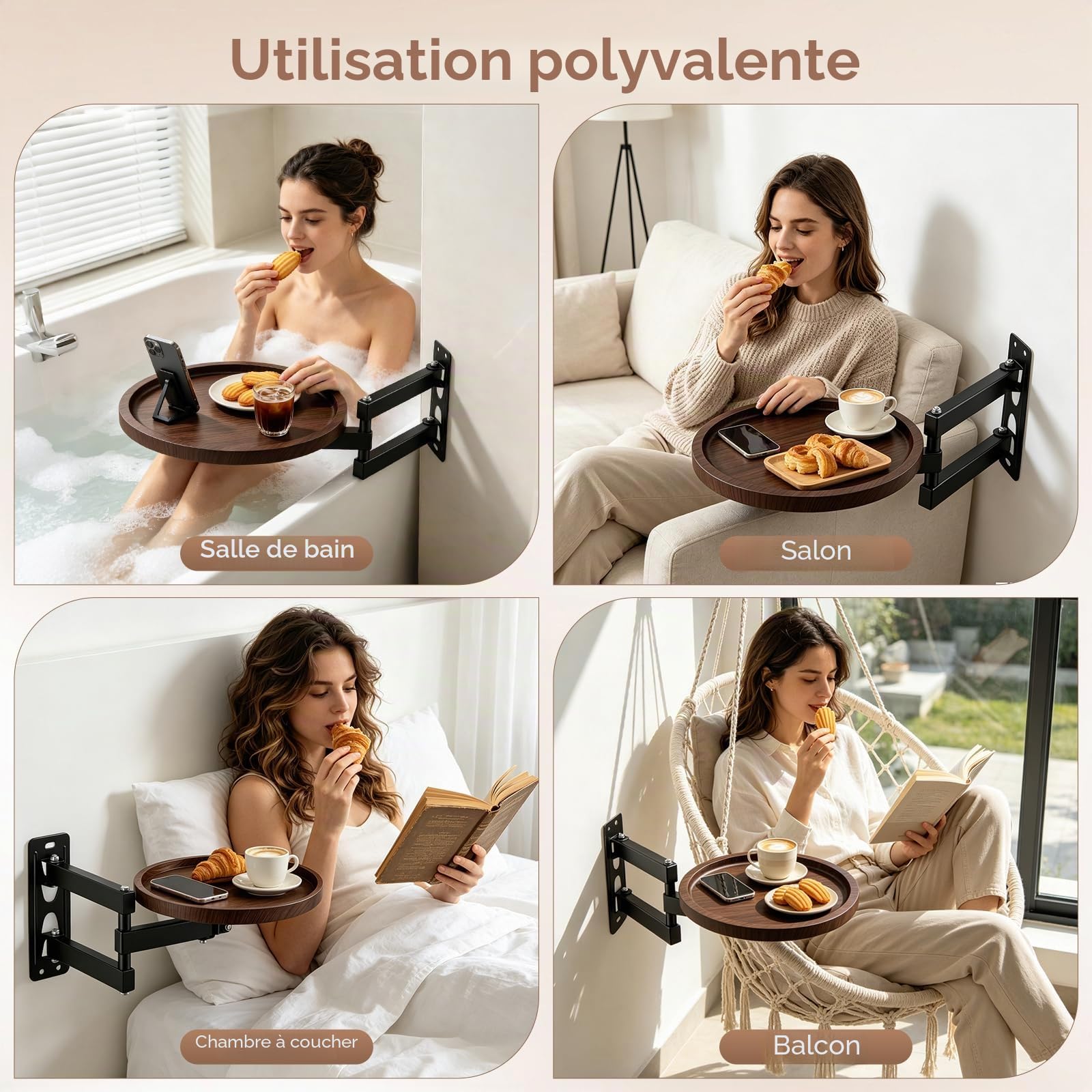 Table Murale Pliante, Petite Table Murale Rabattable Bureau Rond De 30 Cm Pivotant à 180 ° De DiamèTre Pliable Extensible De Chevet Suspendue Gain De Place pour Chambre, Salon, Balcon (A)