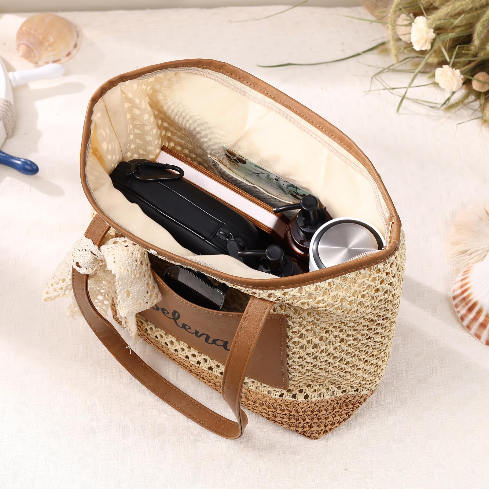 Sac de Plage Personnalisé Femme Sac Cabas Paille avec Prénom Grand Sac Tote d’Été Porté Épaule pour Plage Voyage Shopping