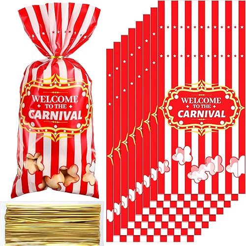Bolsas de dulces de carnaval, bolsas de plástico de circo, bolsas de regalo para fiesta de carnaval, bolsas de fiesta con patrón de palomitas de