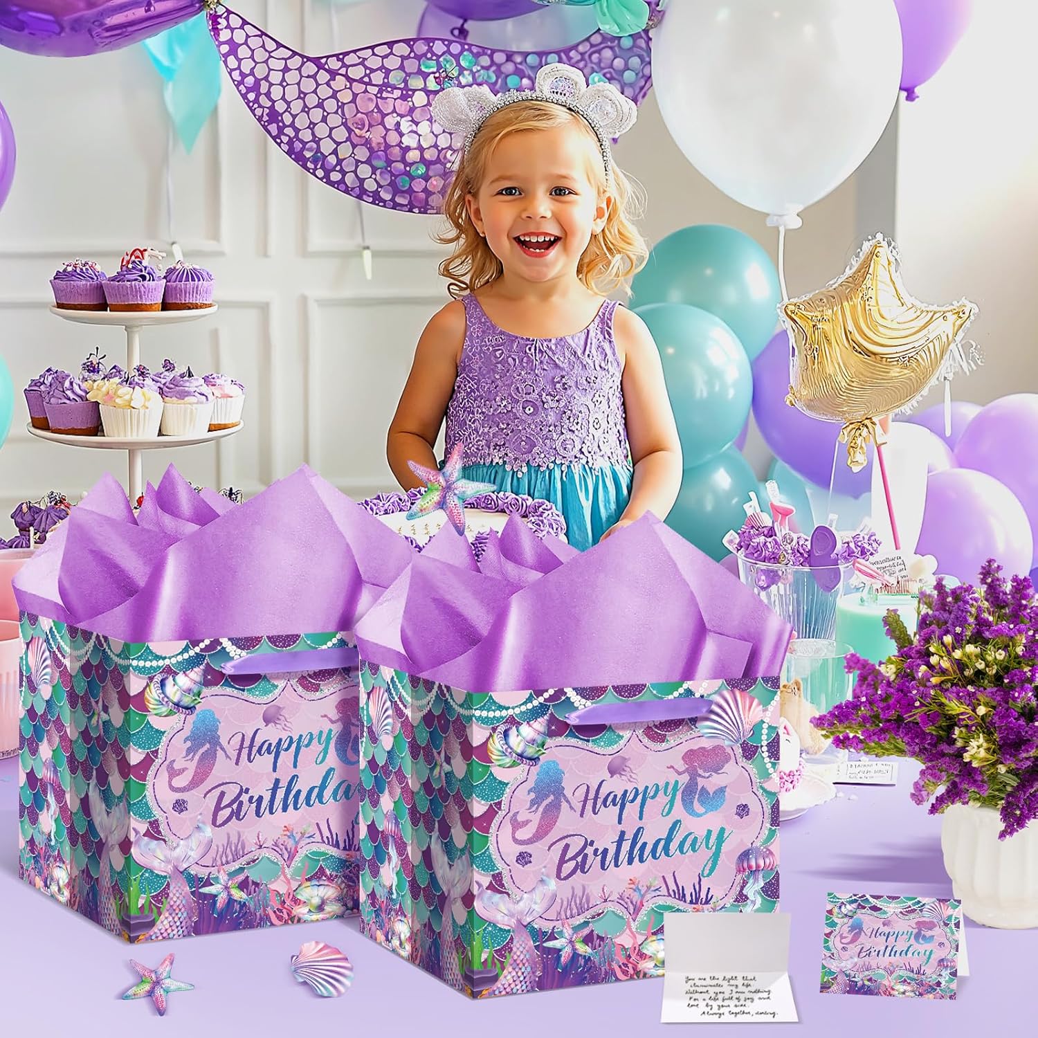 Peconal Extra Large Mermaid Gift Bag 11.8" Square Giant Mermaid Birthday Gift Bag with Tissue Papers and Greeting Card Reusable Wrapping Paper Bag with Handles for Girls Birthday Party Favor Supplies - Image 5