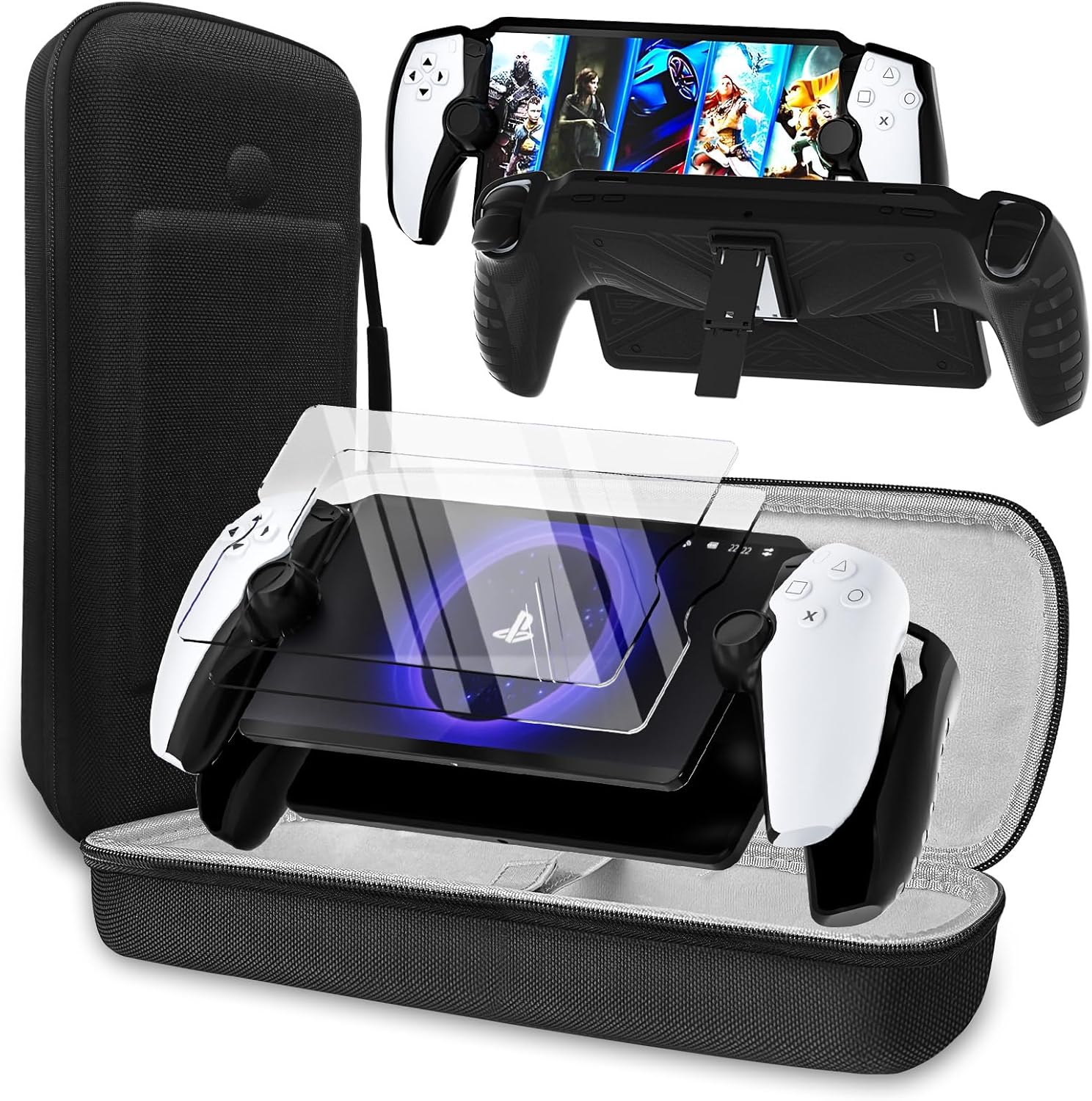 QUAGGY 3-in-1 Accessoris Kit Compatible with Playstation Portal, EVA Carrying Case for PS Portal with Silicone Protective Cover with stand, 2 Pack Screen Protectors, Handbag for PS5 Portal Black