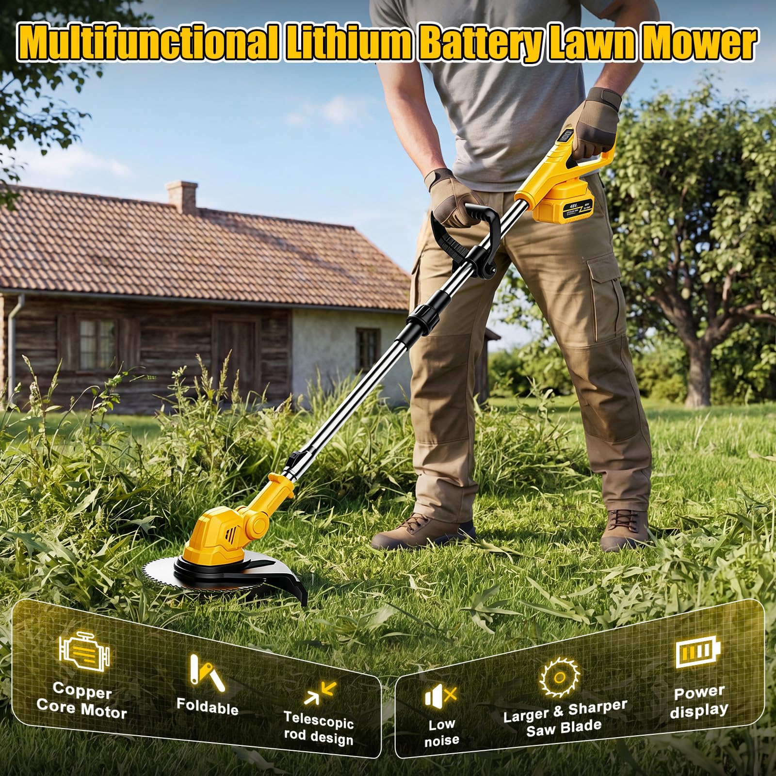 Desbrozadora con batería plegable con 2 baterías de 4000 mAh, 9000 rpm | Desbrozadora telescópica de 95 a 130 cm, con indicador digital de batería, mango ajustable y ángulo para jardín y césped