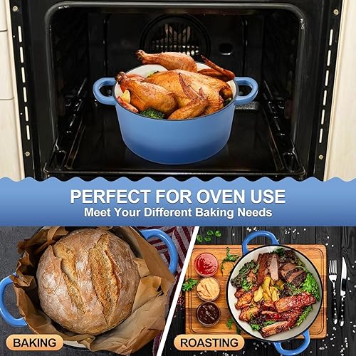 Miniatura 7 de P&P CHEF - Horno holandés esmaltado de 6 cuartos de galón con tapa, olla de horno holandés de hierro fundido, olla redonda esmaltada para estofar,