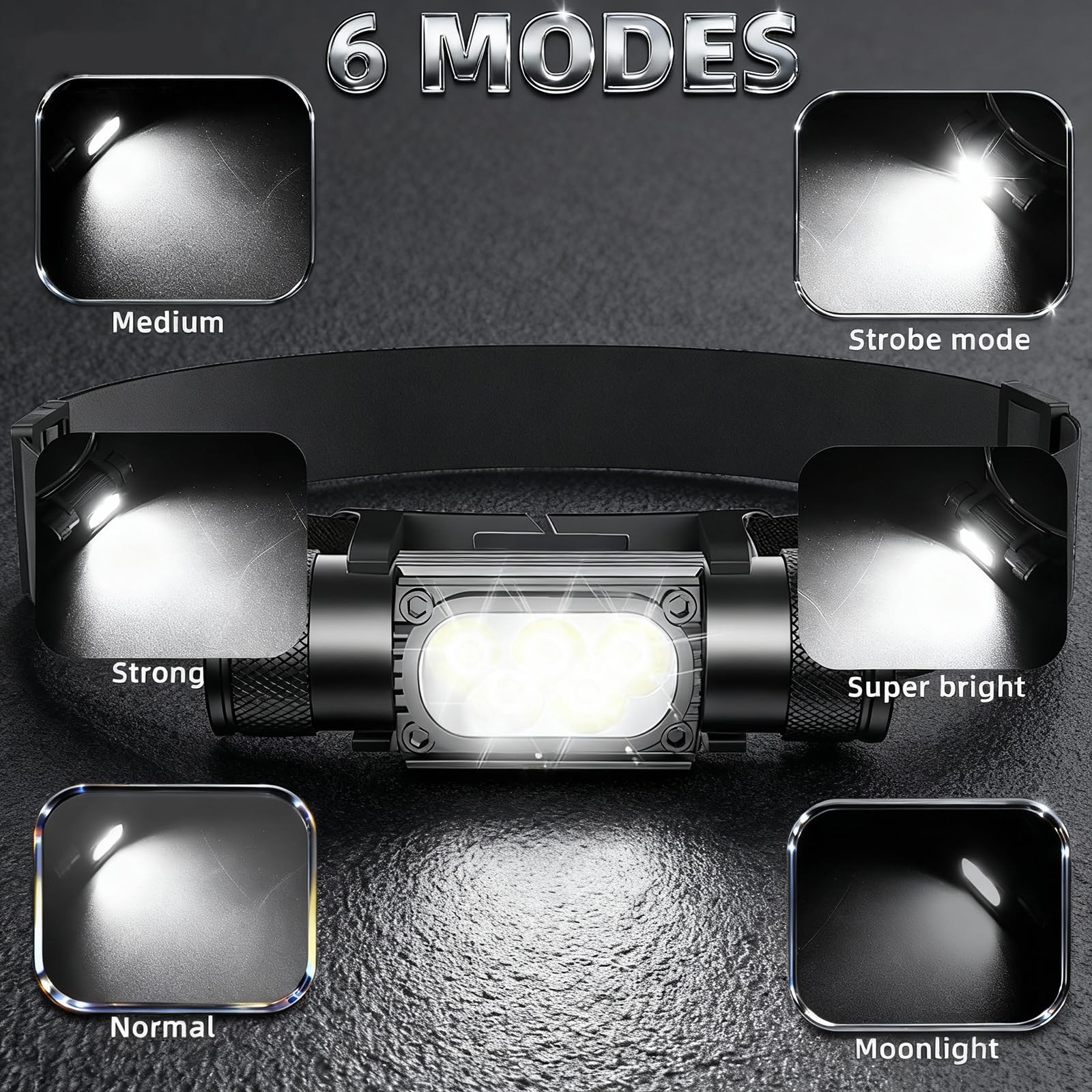 Linterna frontal LED recargable, 1600 lúmenes, súper brillante, recargable por USB, lámpara de cabeza impermeable IP65 con 6 modos para senderismo, camping, pesca, trabajo